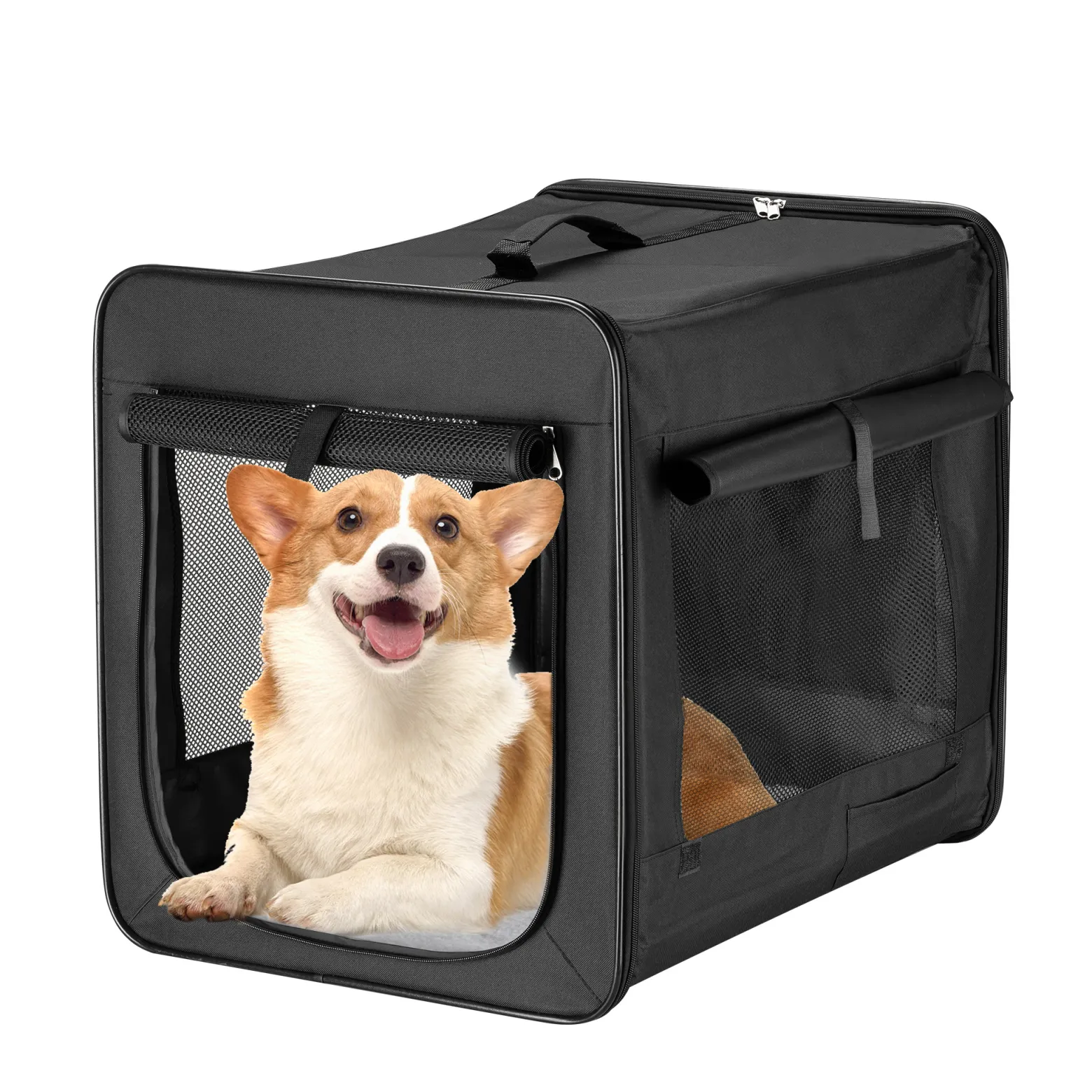 Wiltec Faltbare Transportbox für Hunde, Katze L (76x56x61 cm), robust, leicht, sicher, Hundebox mit entnehmbarem Kissen, Schwarz