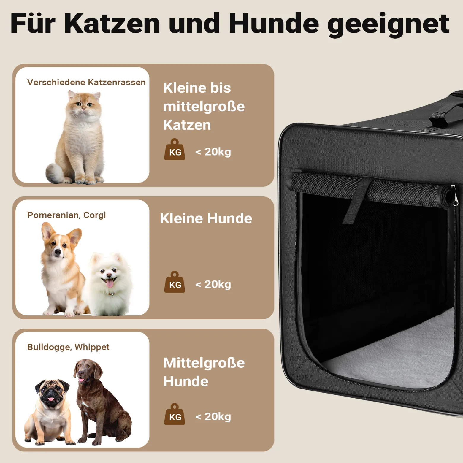 Wiltec Faltbare Transportbox für Hunde, Katze L (76x56x61 cm), robust, leicht, sicher, Hundebox mit entnehmbarem Kissen, Schwarz