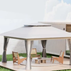 Wiltec Faltpavillon Moskitonetz 4 x 4 m hellgrau, Gartenpavillon mit Rädern und Mückennetz, Partyzelt mit