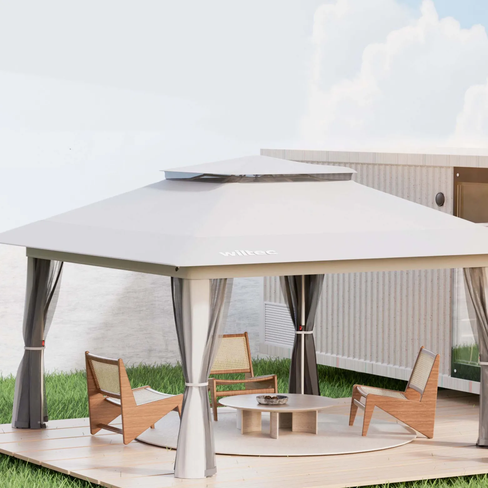 Wiltec Faltpavillon Moskitonetz 4 x 4 m hellgrau, Gartenpavillon mit Rädern und Mückennetz, Partyzelt mit "One Push"-Technik und verstellbaren Beinen