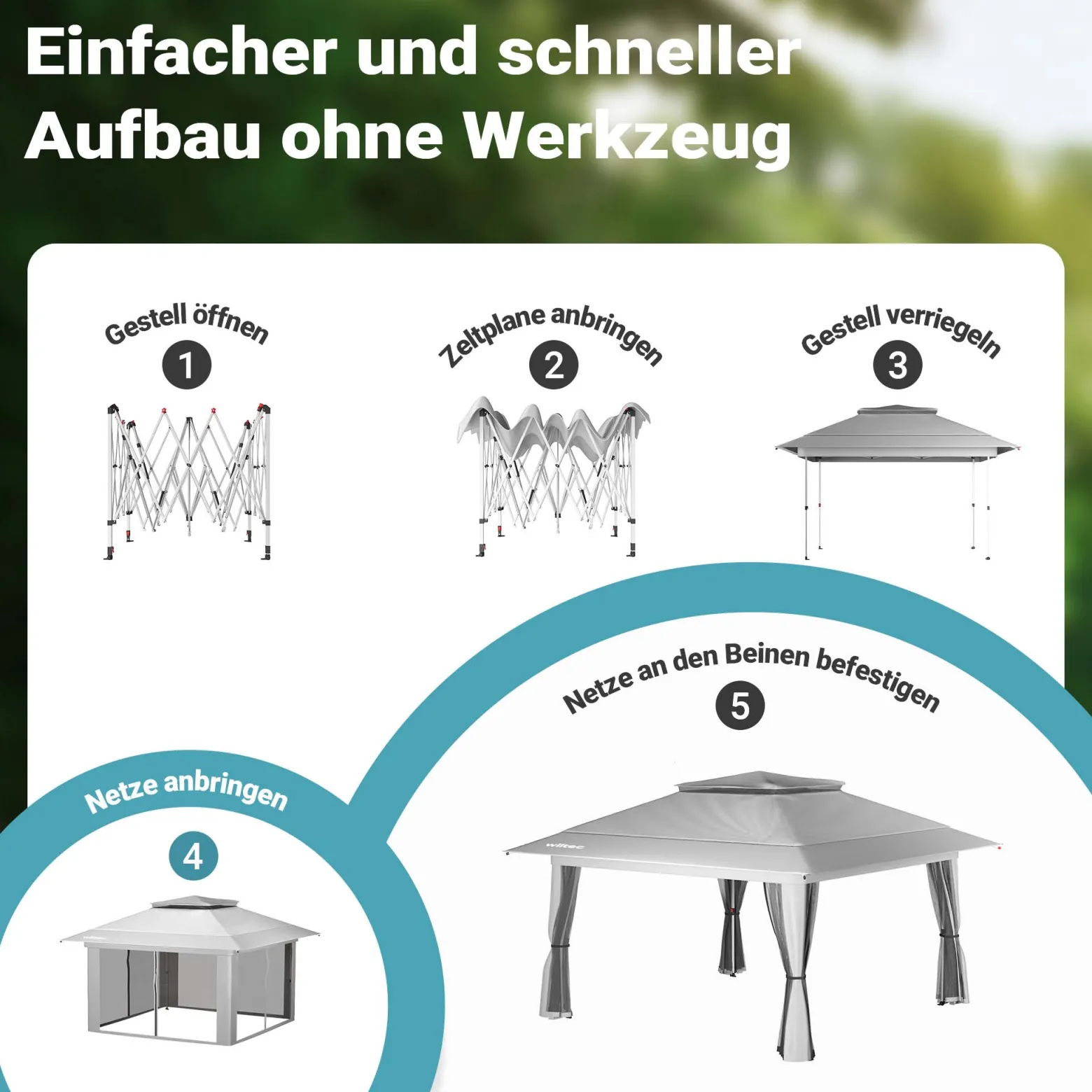 Wiltec Faltpavillon Moskitonetz 4 x 4 m hellgrau, Gartenpavillon mit Rädern und Mückennetz, Partyzelt mit "One Push"-Technik und verstellbaren Beinen
