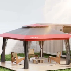 Wiltec Faltpavillon Moskitonetz 3,92 x 3,92 m grau rot, Gartenpavillon mit Rädern und Mückennetz, Partyzelt mit