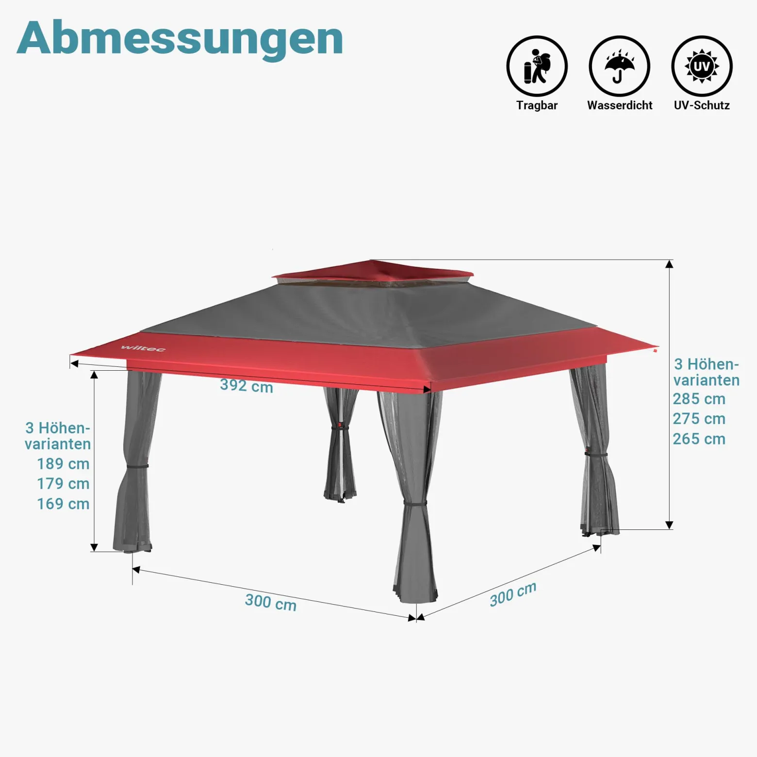 Wiltec Faltpavillon Moskitonetz 3,92 x 3,92 m grau rot, Gartenpavillon mit Rädern und Mückennetz, Partyzelt mit "One Push"-Technik und verstellbaren Beinen