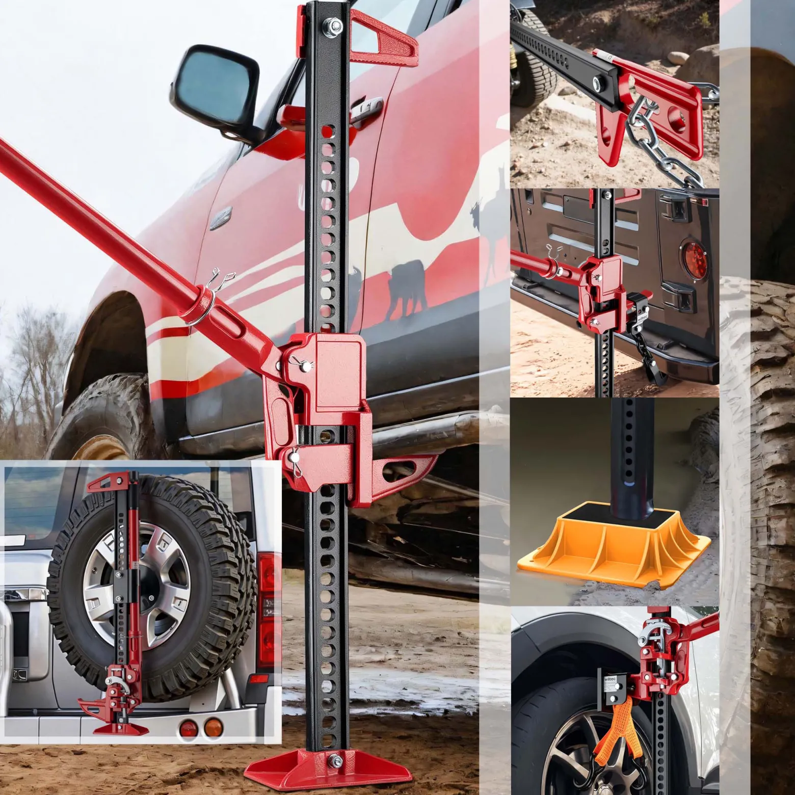 Wiltec Farm Jack – Profi-Set für extreme Einsätze, Wagenheber bis 3000 kg mit Stützplatte, Radhebe-Adapter, Stoßstangen-Adapter, Reserverad-Halterung, Winden- & Klemmbefestigung