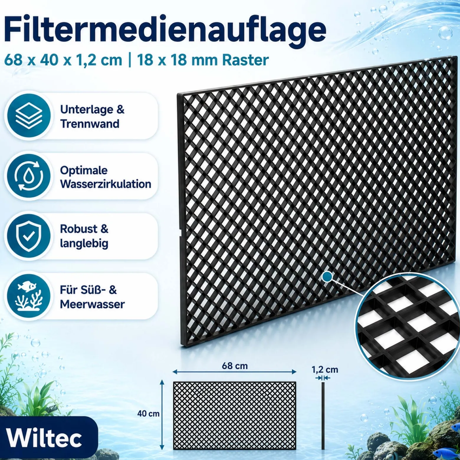 Wiltec Filtermedienauflage 68 x 40 x 1,2 cm mit 18 x 18 mm Raster, Unterlage und Trennwand für Filtermedien, Aquarien Filtermaterial