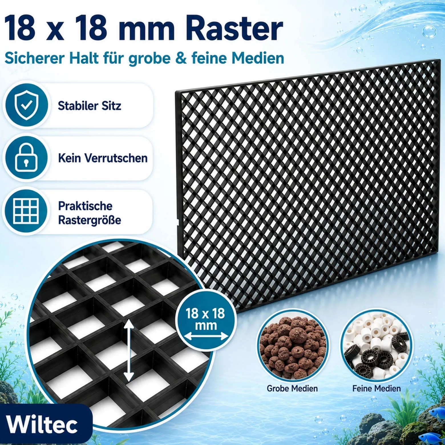 Wiltec Filtermedienauflage 68 x 40 x 1,2 cm mit 18 x 18 mm Raster, Unterlage und Trennwand für Filtermedien, Aquarien Filtermaterial