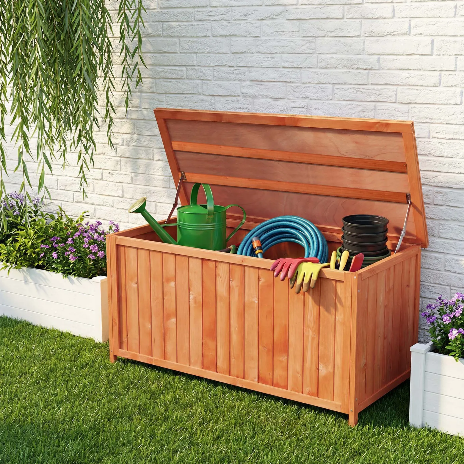 Wiltec Gartenbox aus Holz 127 x 55 x 60 cm Aufbewharungsbox mit Deckel Gartenschrank für Geräte Spielzeug Kissenbox Auflagenbox Fichtenholz