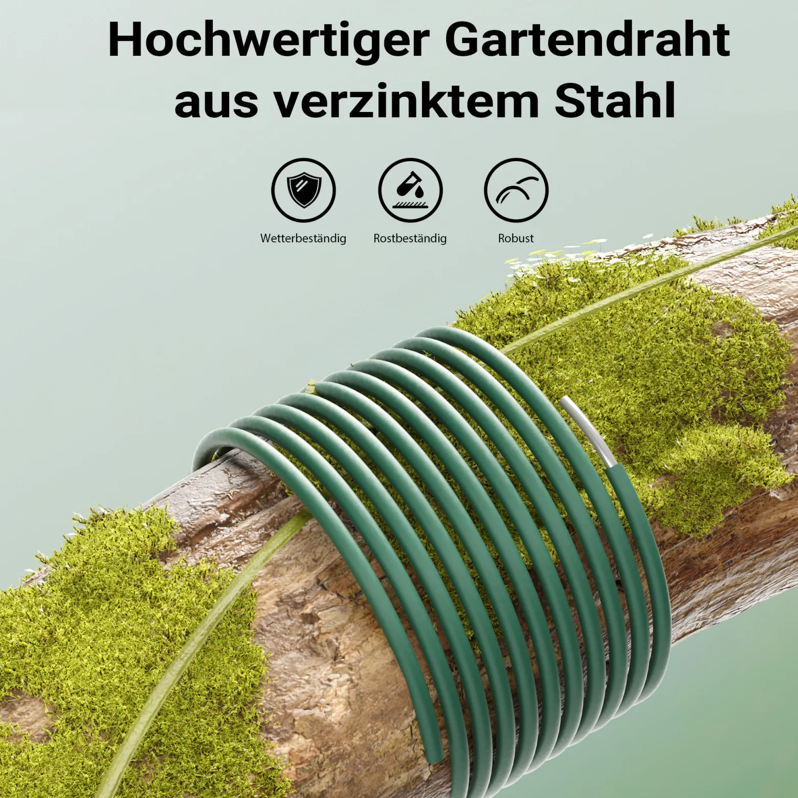Wiltec Gartendraht grün Ø 1,6 mm x 50 m, Bindedraht Stahl verzinkt mit PVC-Beschichtung, Pflanzendraht mit Drahthalterung, flexibler Basteldraht