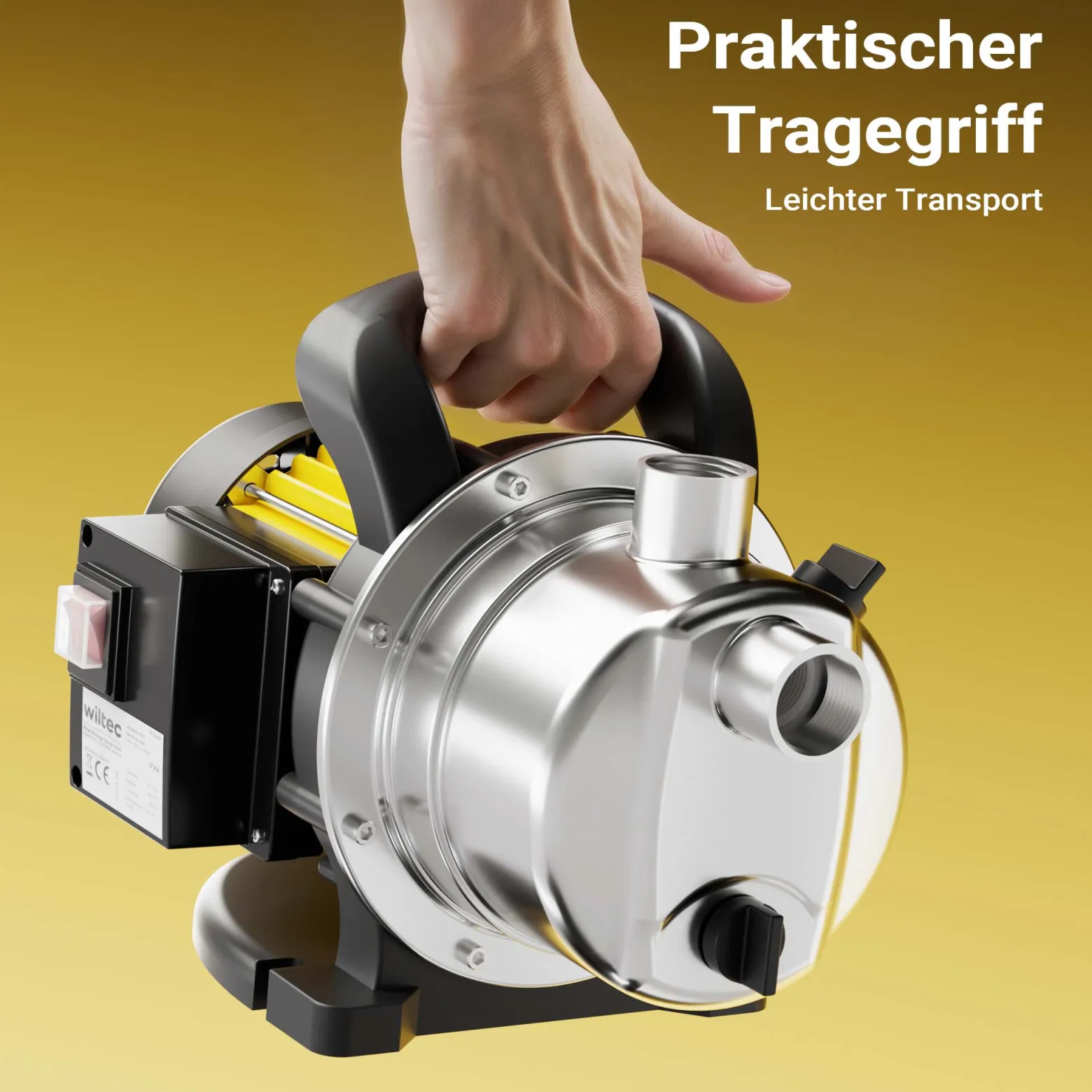 Wiltec Gartenpumpe 2800l/h, 600W, Tragegriff & Wasserablassschraube, max. Förderhöhe 35m, rostfreier Stahl Hauswasserwerk Wasserpumpe Bewässerungspumpe Regenwasserpumpe