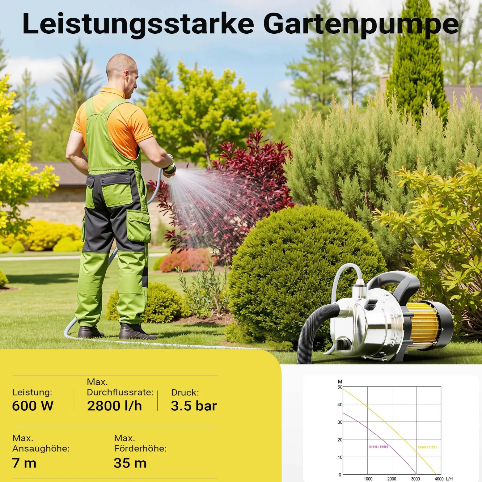 Wiltec Gartenpumpe 2800l/h, 600W, Tragegriff & Wasserablassschraube, max. Förderhöhe 35m, rostfreier Stahl Hauswasserwerk Wasserpumpe Bewässerungspumpe Regenwasserpumpe