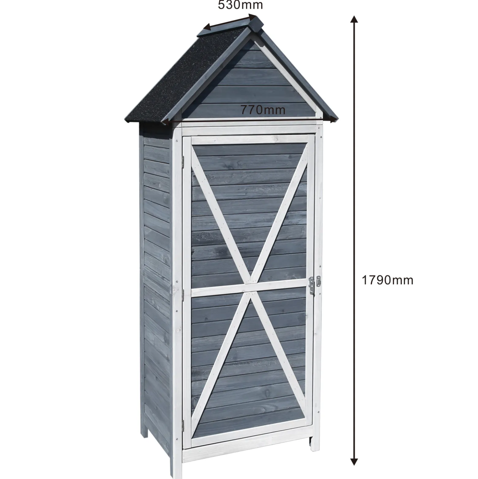 Wiltec Gartenschrank aus Holz grau 77x53x179cm mit Tür, Satteldach und Bitumenisolierung Gerätehaus Werkzeughaus Geräteschrank Werkzeugschrank Geräteschuppen