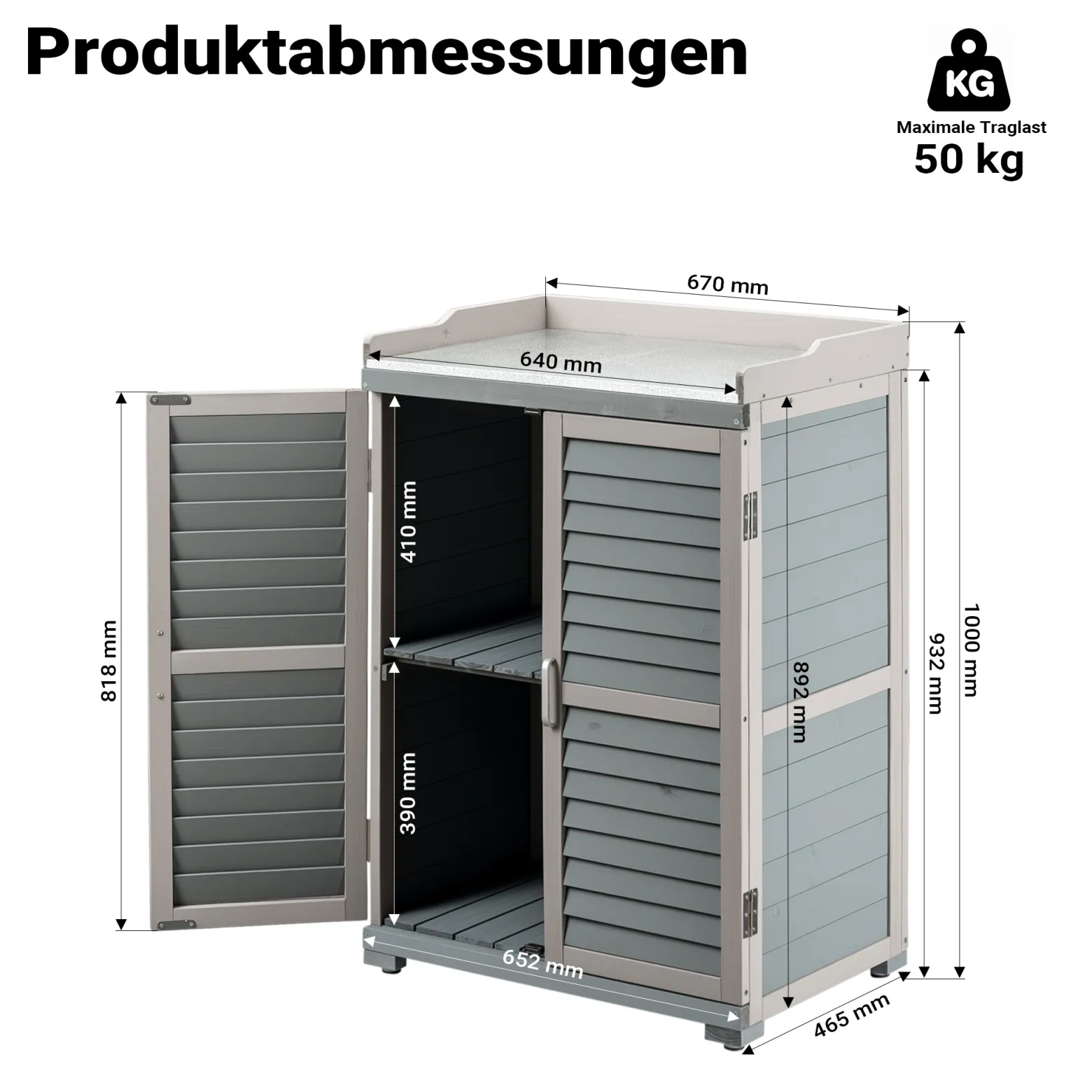 Wiltec Gartentisch mit Unterschrank und Arbeitsplatte, grau, Pflanztisch mit Schutzleisten für Gartenarbeiten, Holzschrank Werkzeugschrank Arbeitstisch für Garten