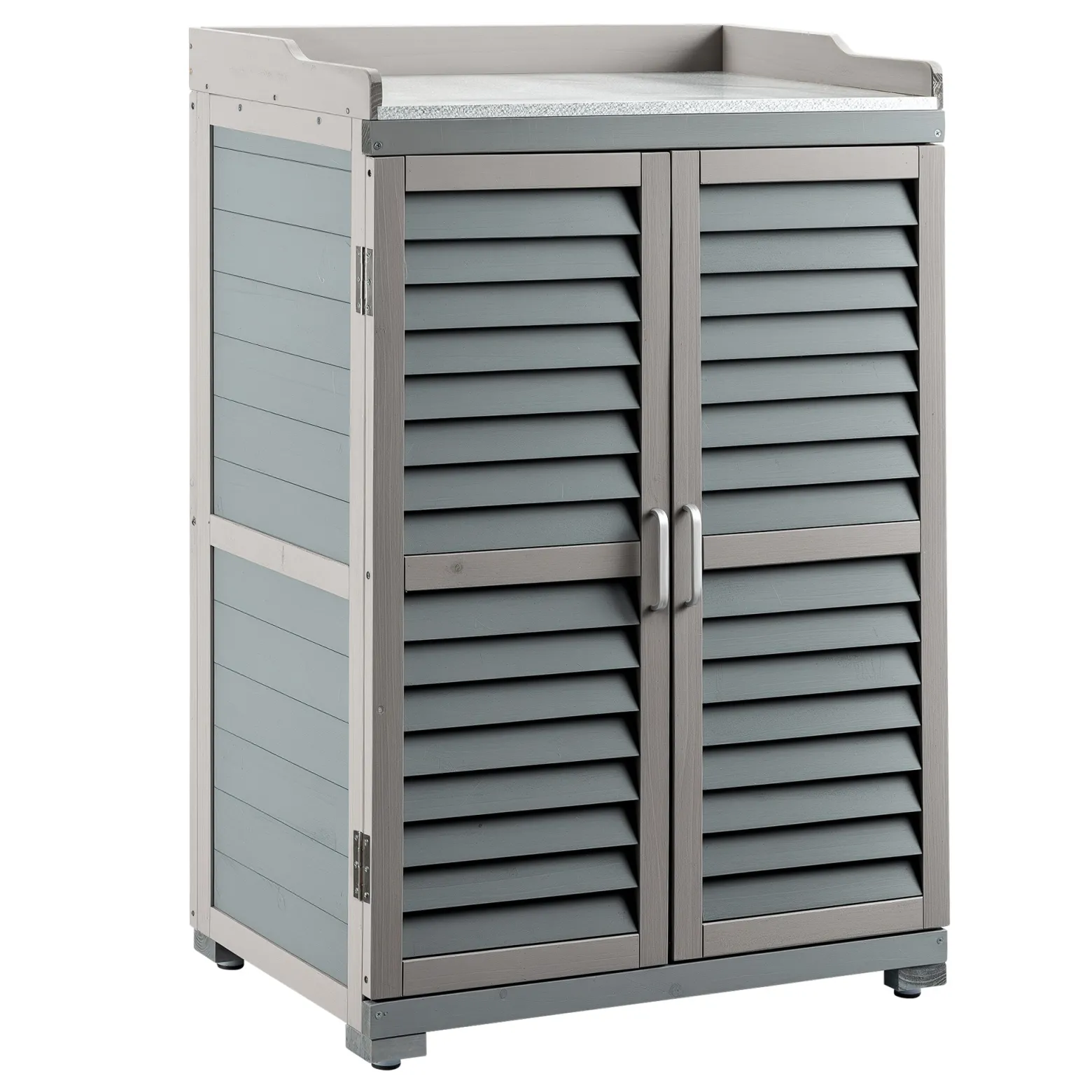 Wiltec Gartentisch mit Unterschrank und Arbeitsplatte, grau, Pflanztisch mit Schutzleisten für Gartenarbeiten, Holzschrank Werkzeugschrank Arbeitstisch für Garten