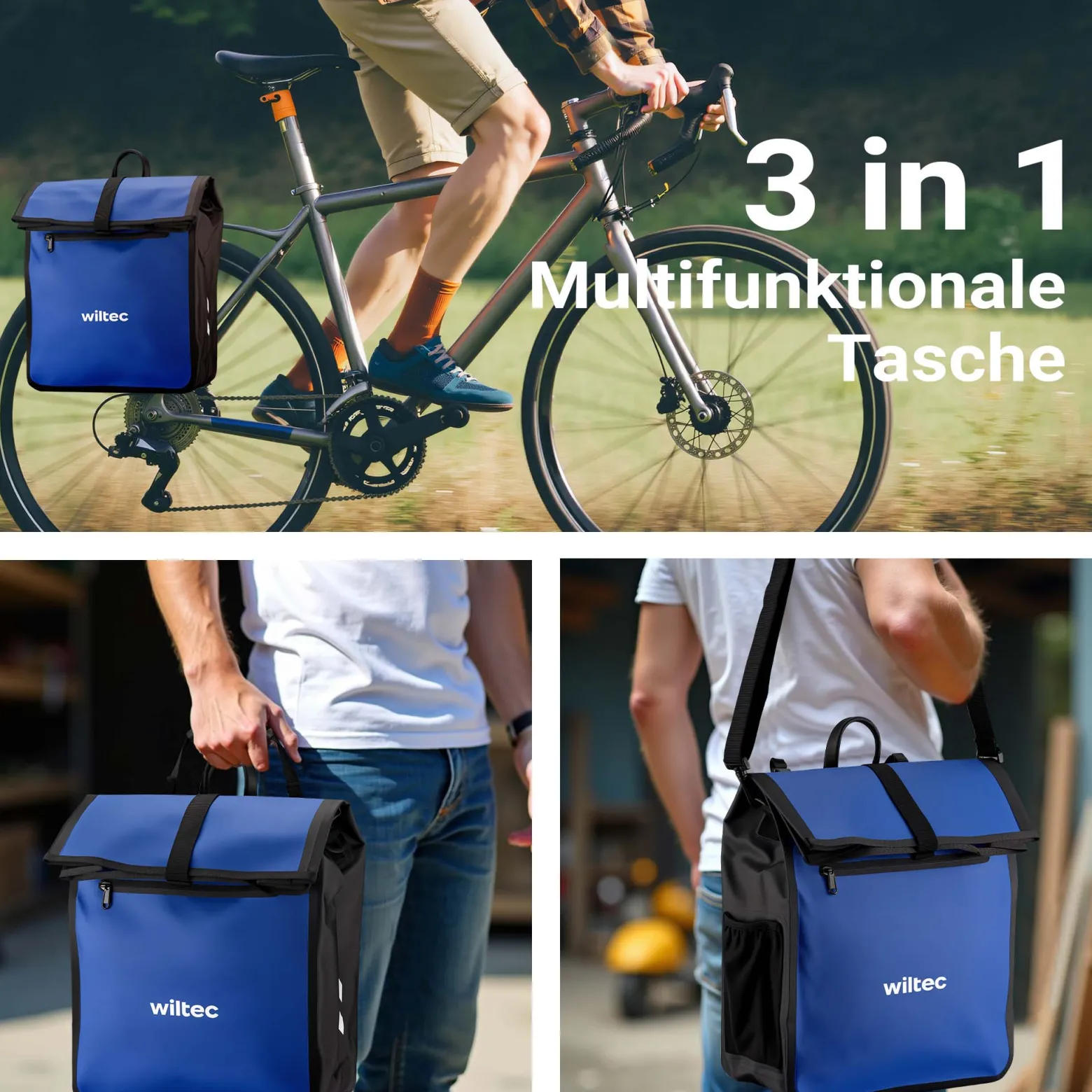 Wiltec Gepäckträgertasche blau, Fahrradtasche Gepäckträger 22 l Stauraum, wasserresistente Fahrrad Tasche, Gepäcktasche leichte Handhabung