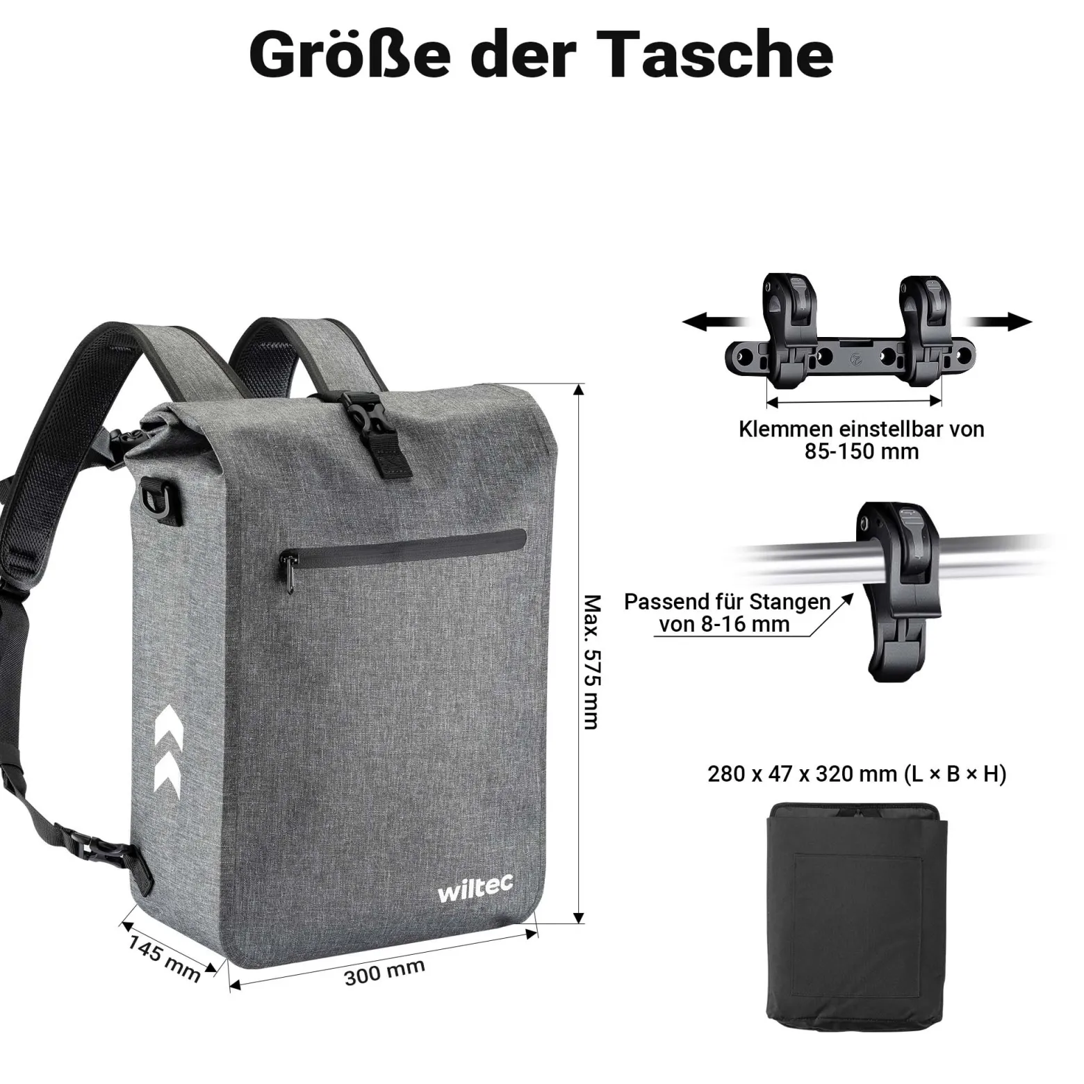 Wiltec Gepäckträgertasche grau, Fahrradtasche Rucksack 25 l Stauraum, Gepäcktasche mit Laptopfach, wasserresistente Fahrrad Tasche