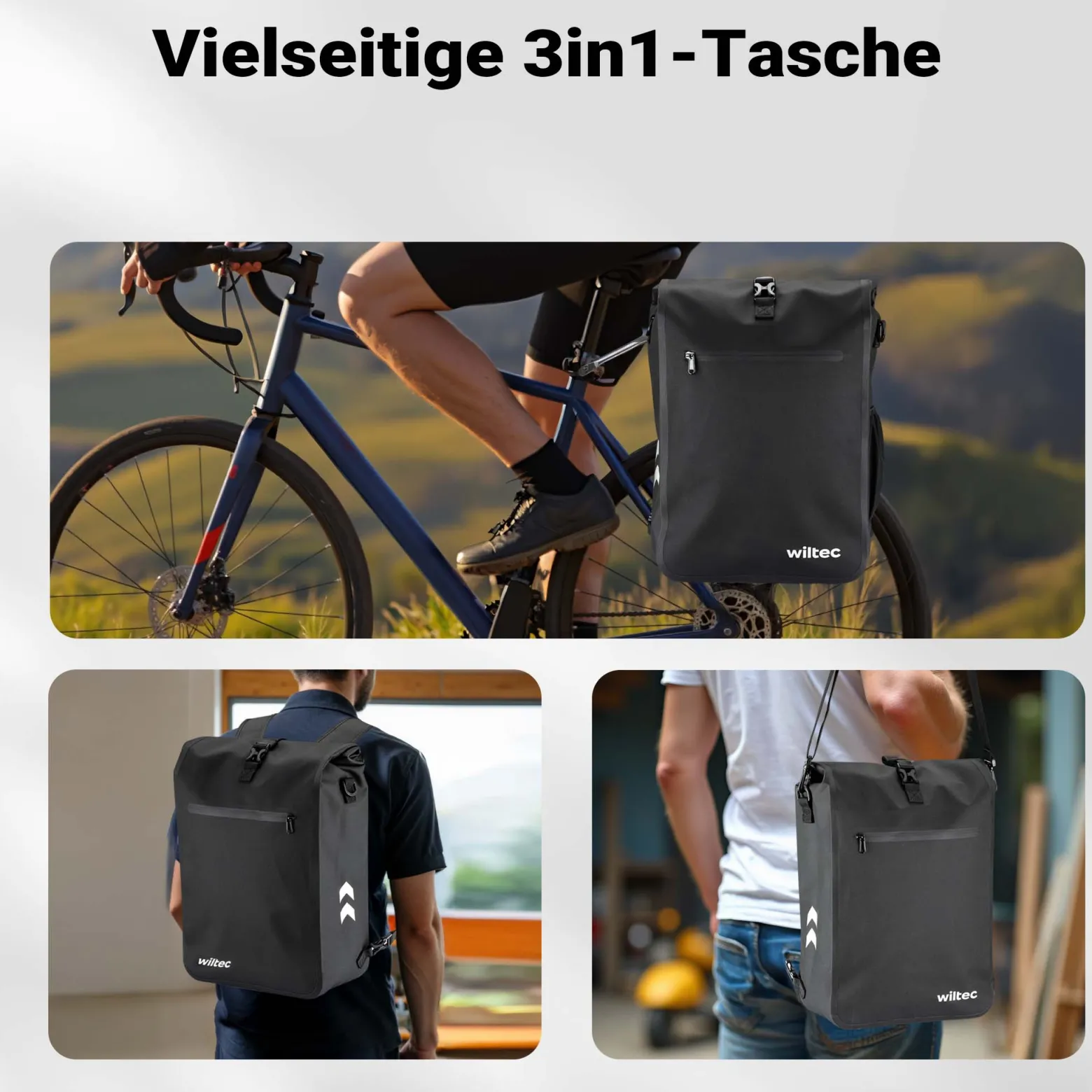 Wiltec Gepäckträgertasche schwarz, Fahrradtasche Rucksack 25 l Stauraum, Gepäcktasche mit Laptopfach, wasserresistente Fahrrad Tasche