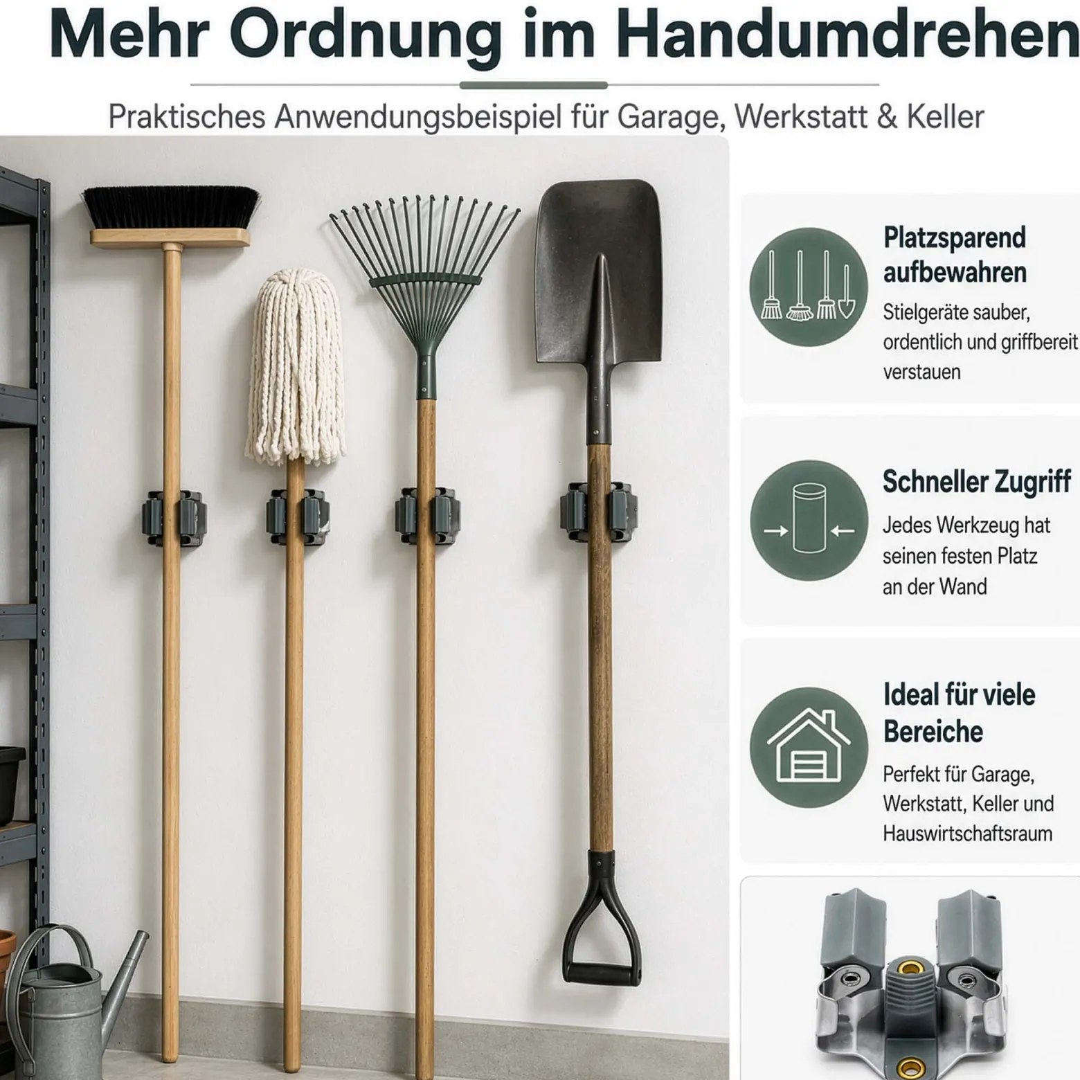 Wiltec Gerätehalter aus Stahl 5x mit Klemmhalter als Wandhalterung Gerätehalter Besenhalter zur Wandmontage in Garage Werkstatt Keller