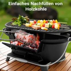 Wiltec Grilltopf aus Gusseisen, Grill für Holzkohle effiziente Hitzespeicherung, Holzkohlegrill mit Abzugssystem, Tragbarer Gusseisen Topf