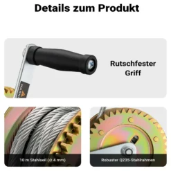 Wiltec Handseilwinde bis 550kg Übersetzung 4,1:1 130 x 190 x 160 mm, Winde mit 10m Drahtseil, Seilwinde handbetrieben, Handseilzug effizient, Forstseilwinde