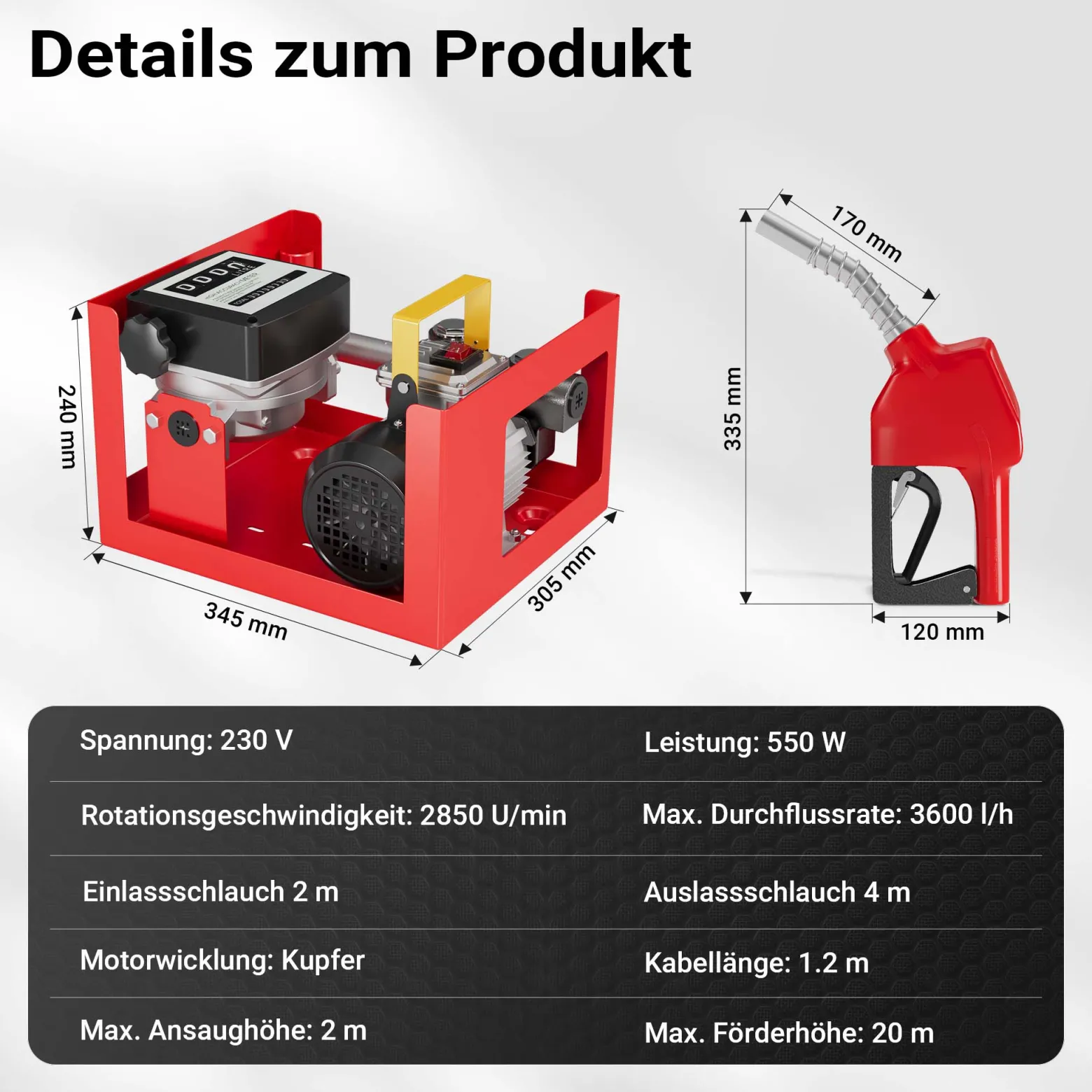 Wiltec Heizöl- und Dieselpumpe 230V/550W 20-60l/min selbstansaugend Pumpe mit automatischer Pistole, Kraftstoffpumpe, Absaugpumpe