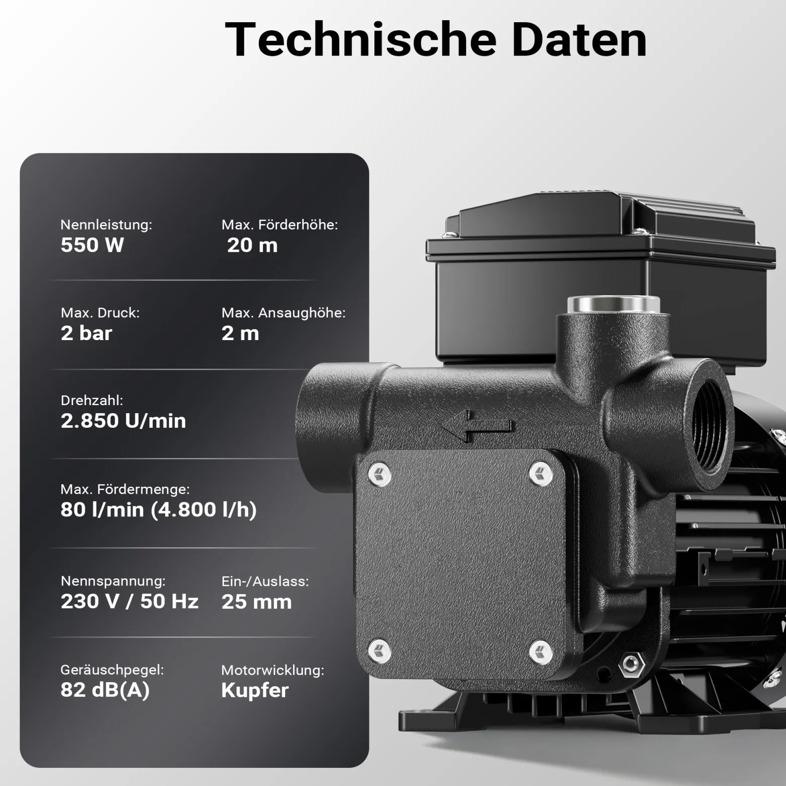 Wiltec Heizöl- und Dieselpumpe 230V 550W 80l/min, Selbstansaugende Umfüllpumpe mit 2 m Ansaughöhe und Rückschlagventil, Absaugpumpe