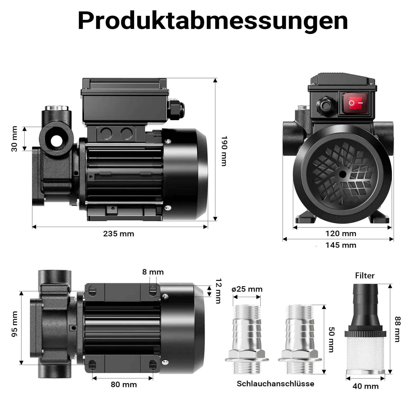 Wiltec Heizöl- und Dieselpumpe 230V 550W 80l/min, Selbstansaugende Umfüllpumpe mit 2 m Ansaughöhe und Rückschlagventil, Absaugpumpe