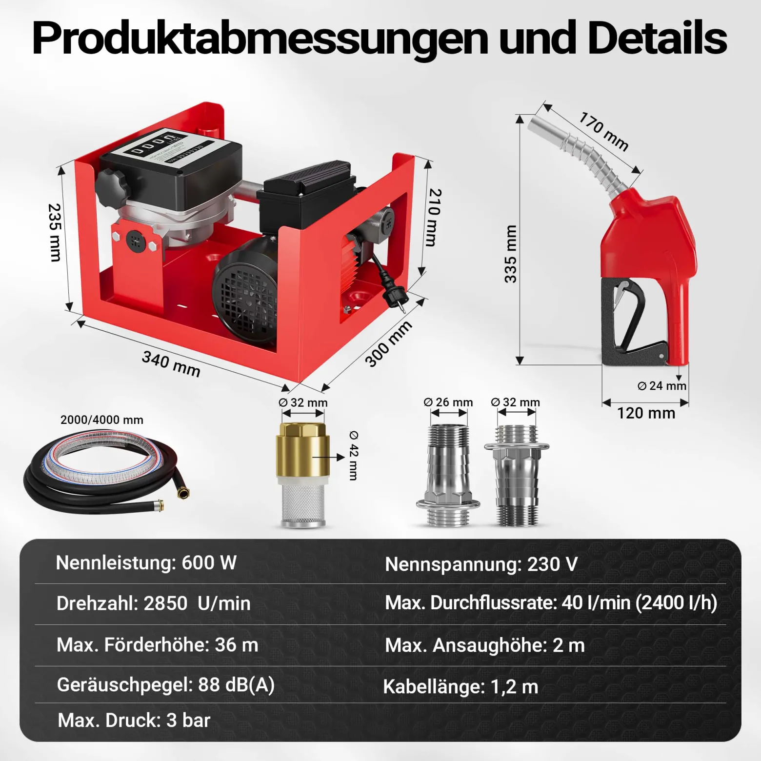 Wiltec Heizöl- und Dieselpumpe 230V/600W 40l/min selbstansaugend Pumpe mit automatischer Pistole, Kraftstoffpumpe, Absaugpumpe