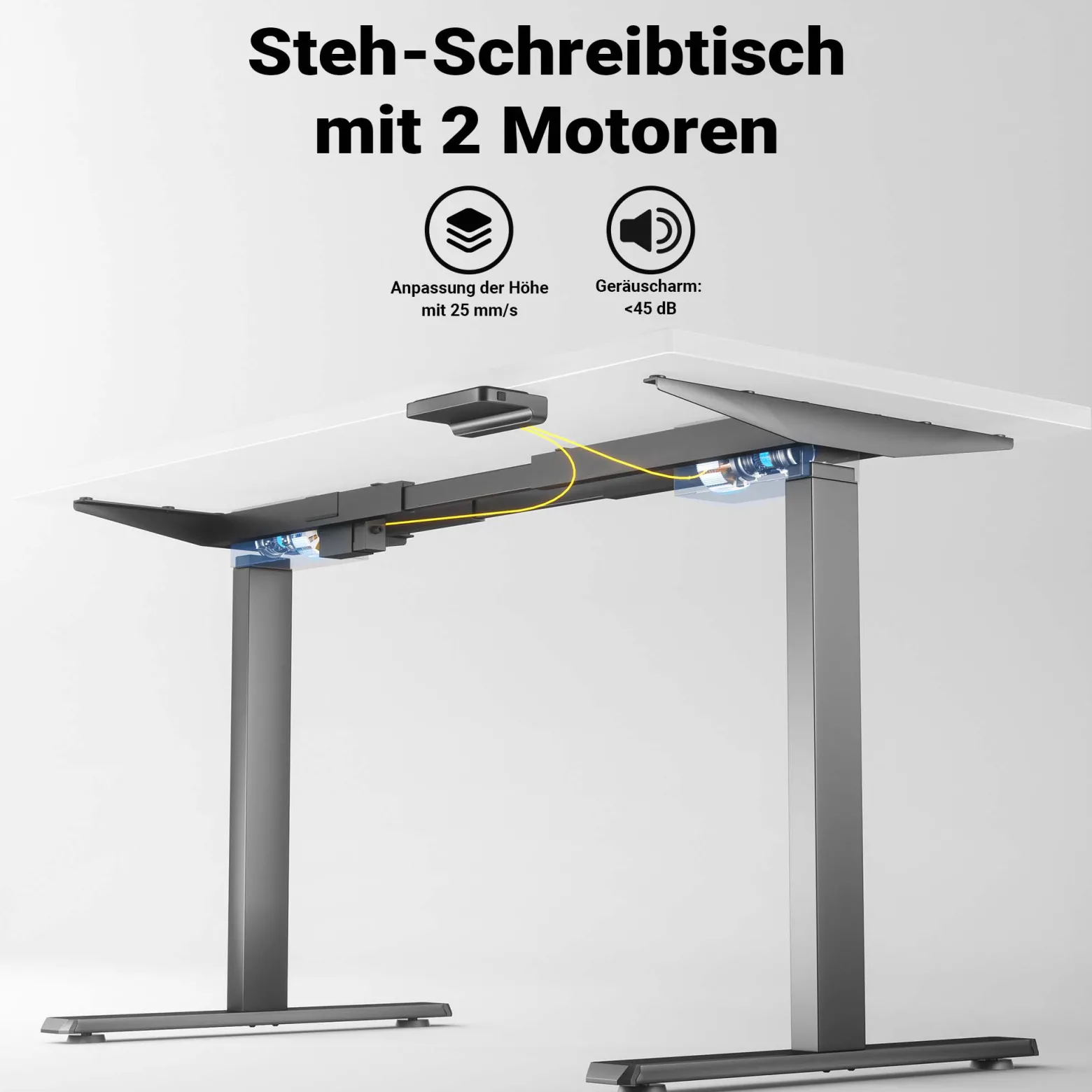 Wiltec Höhenverstellbarer Schreibtisch zweimotorig, Schreibtischrahmen, Gestell für Tischplatten, mit Kollisionsschutz, Memoryfunktion und Sitz-/Stehzeit-Erinnerung