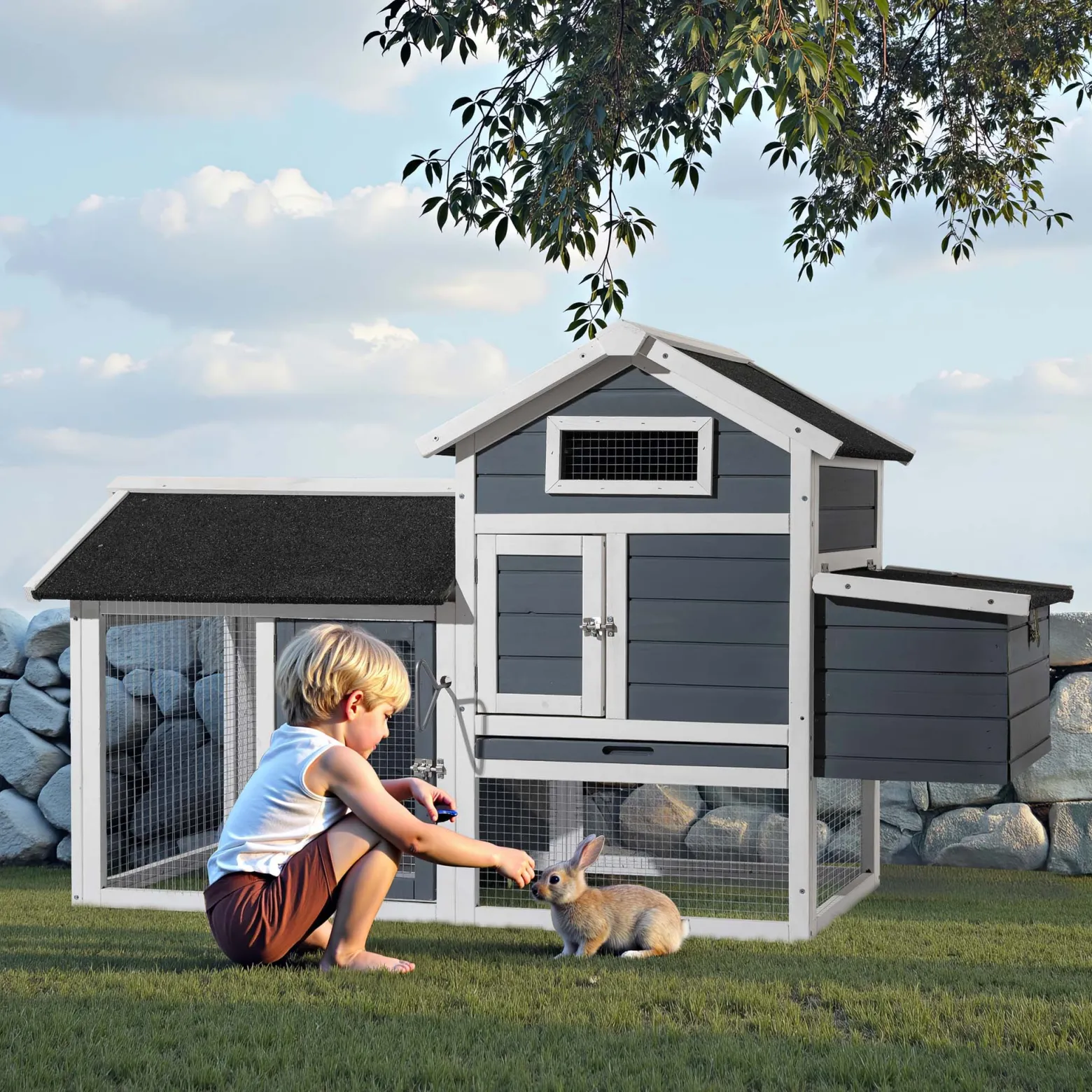Wiltec Hühnerstall 1520 x 520 x 920 mm grau weiß mit Freilauf und Nistkasten aus Tannenholz, Hühnerhaus mit Unterschlupf, Gitter und Kotwanne verzinkt