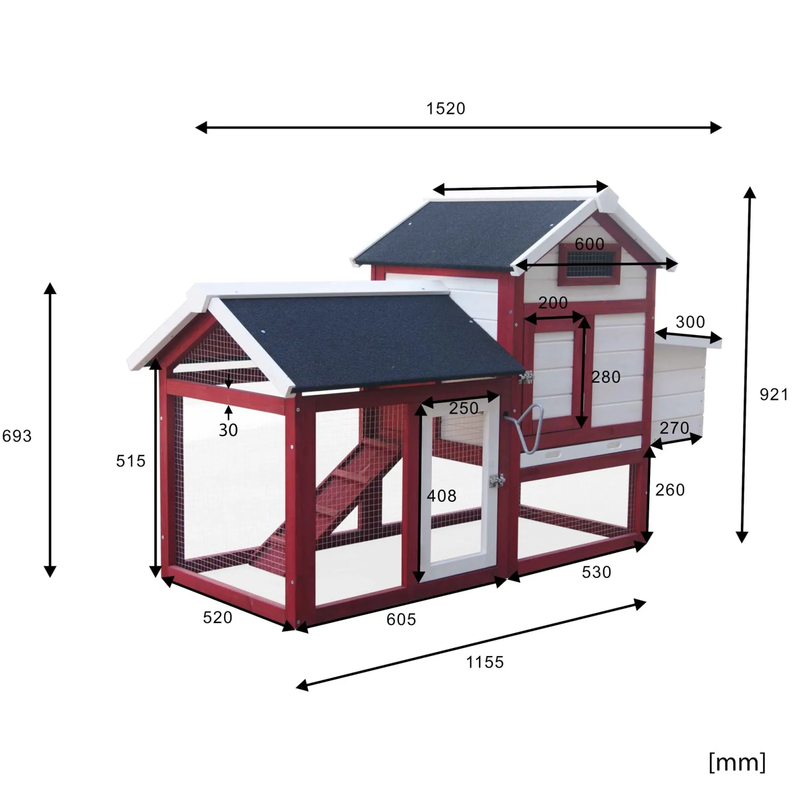Wiltec Hühnerstall 1520 x 520 x 920 mm rot-weiß mit Freilauf und Nistkasten aus Tannenholz, Hühnerhaus mit Unterschlupf, Gitter und Kotwanne verzinkt