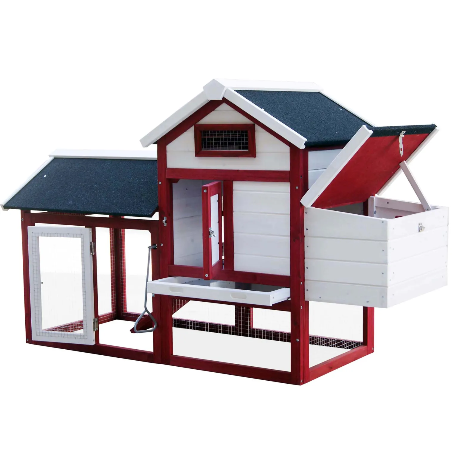 Wiltec Hühnerstall 1520 x 520 x 920 mm rot-weiß mit Freilauf und Nistkasten aus Tannenholz, Hühnerhaus mit Unterschlupf, Gitter und Kotwanne verzinkt