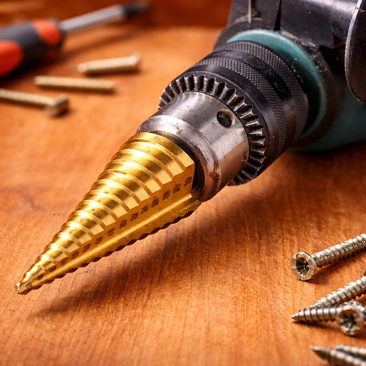 Wiltec HSS Stufenbohrer titanbeschichtet, 4-32 mm, Schaft Ø 10 mm, Kegelbohrer mit Titanbeschichtung, Schälbohrer für Holz, Metall und Kunststoff, Konusbohrer Senkbohrer