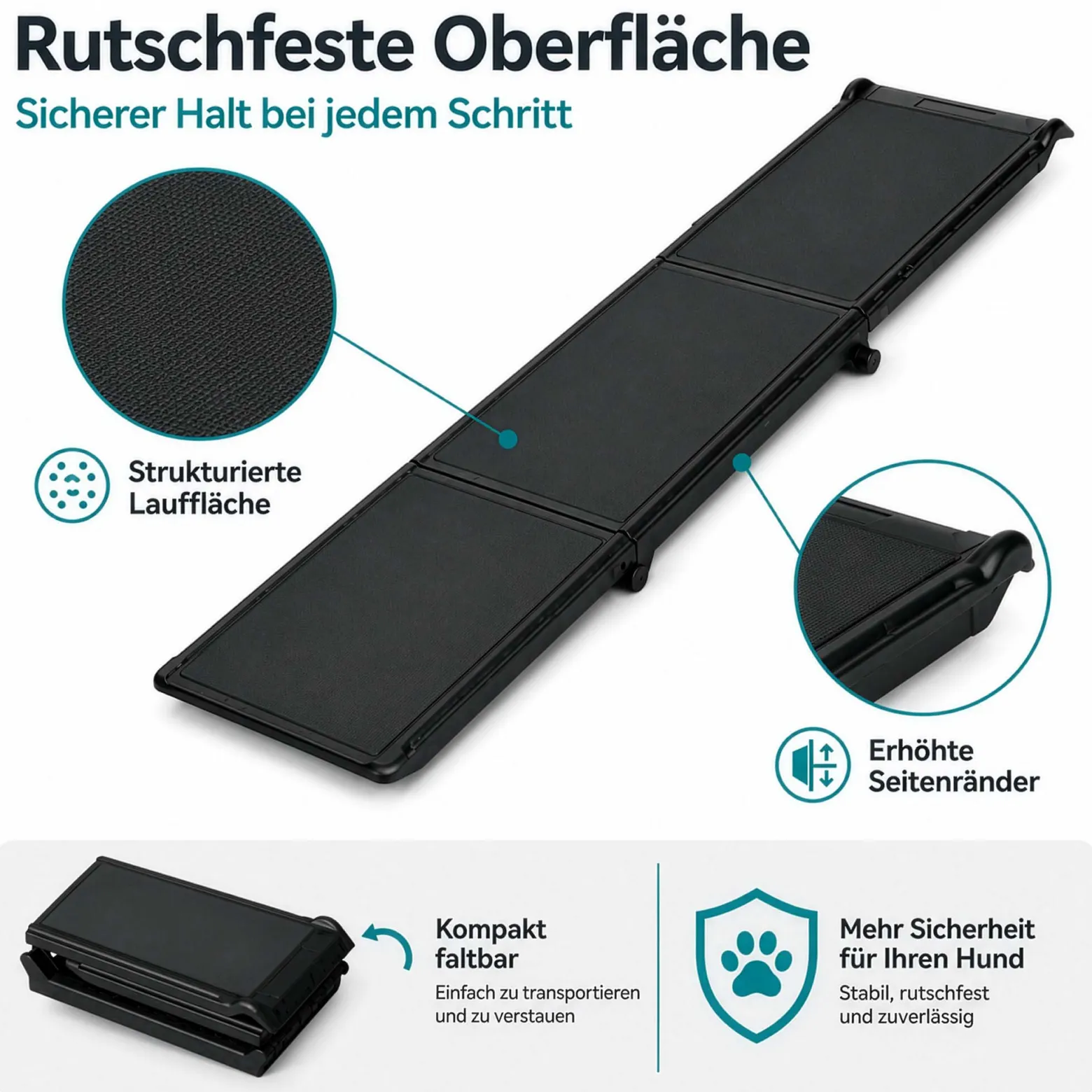 Wiltec Hunderampe 180 x 40 cm 50 kg 3-fach faltbar rutschfeste Autorampe für Hunde, klappbare Einstiegshilfe aus PP fürs Auto, SUV und Pick up