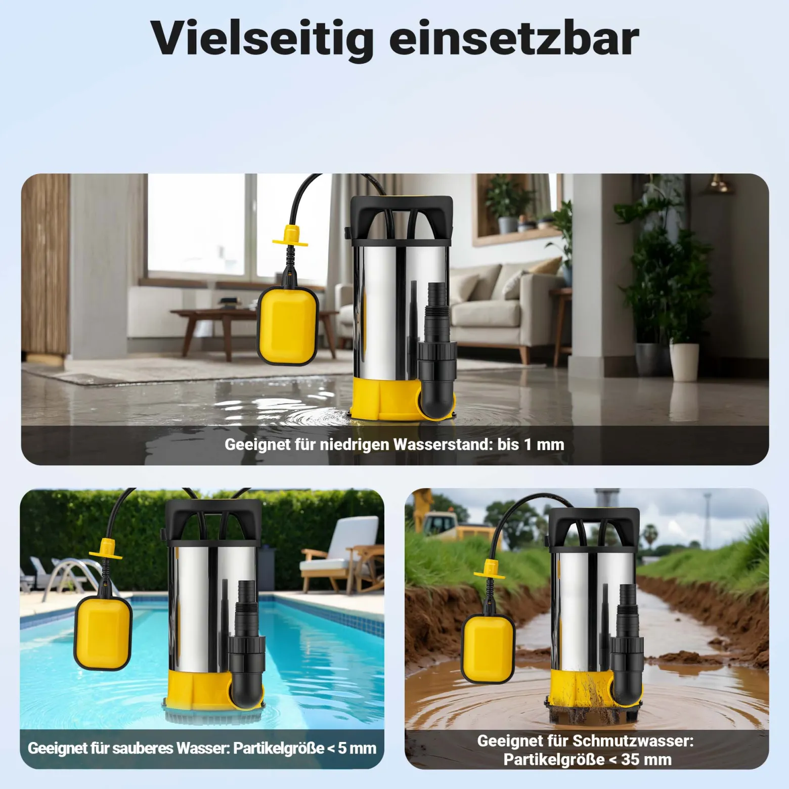 Wiltec 3 in 1 Flachsauger Tauchpumpe Edelstahl 1100 W, Schmutzwasserpumpe 18000 l/h, Flachwasserpumpe mit Schwimmer, Flachsaugpumpe für Keller