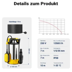 Wiltec 3 in 1 Flachsauger Tauchpumpe Edelstahl 550 W, Schmutzwasserpumpe 12500 l/h, Flachwasserpumpe mit Schwimmer, Flachsaugpumpe für Keller