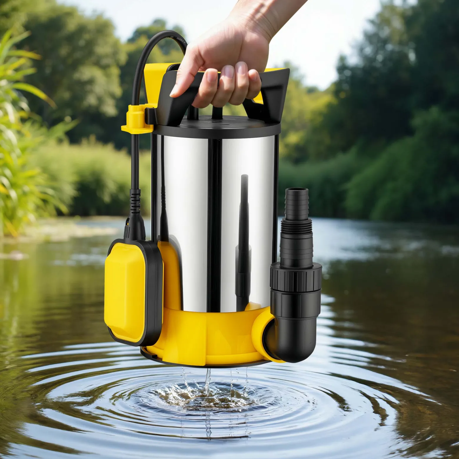 Wiltec 3 in 1 Flachsauger Tauchpumpe Edelstahl 750 W, Schmutzwasserpumpe 14000 l/h, Flachwasserpumpe mit Schwimmer, Flachsaugpumpe für Keller