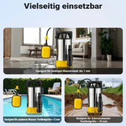 Wiltec 3 in 1 Flachsauger Tauchpumpe Edelstahl 850 W, Schmutzwasserpumpe 15000 l/h, Flachwasserpumpe mit Schwimmer, Flachsaugpumpe für Keller