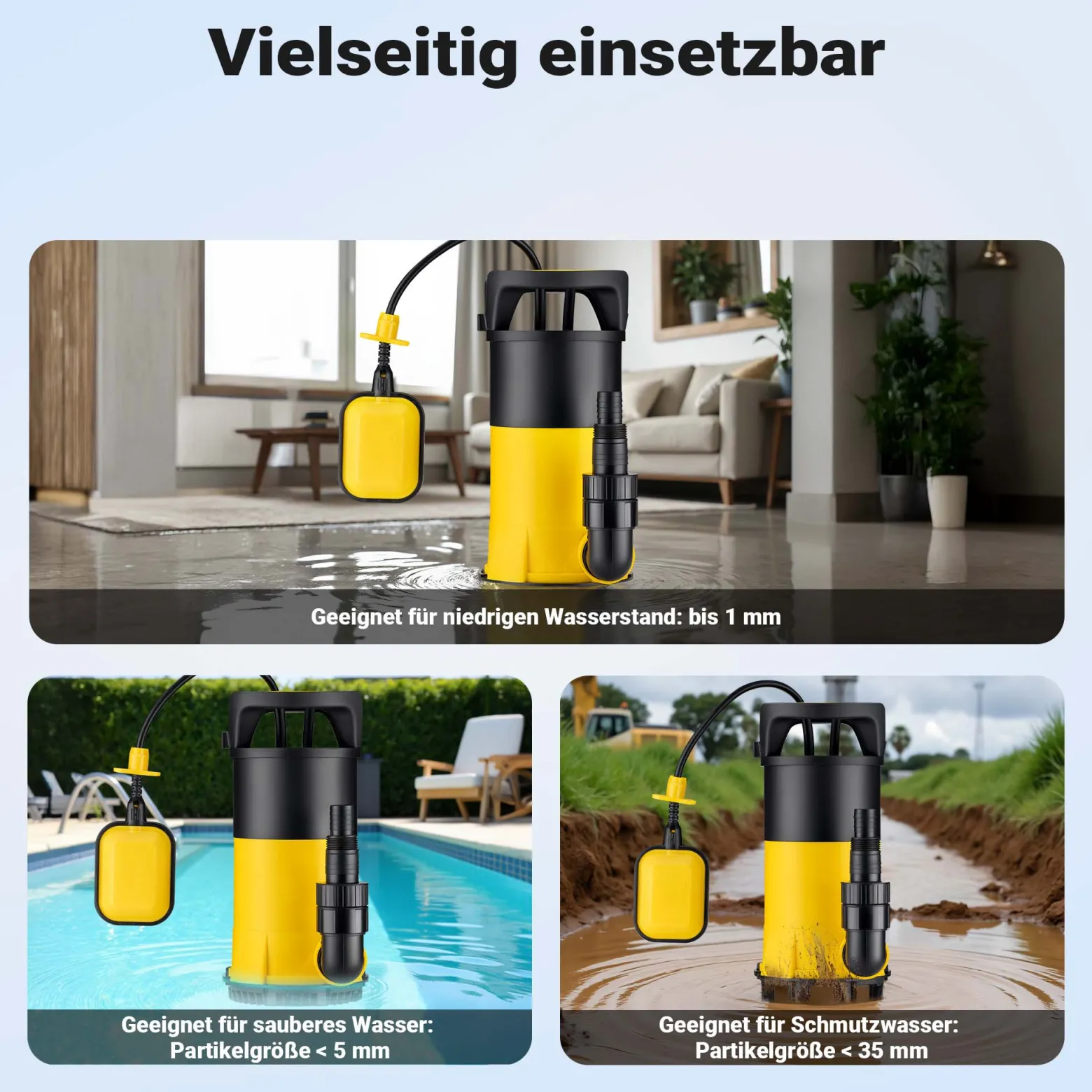 Wiltec 3 in 1 Flachsauger Tauchpumpe 850 W, Schmutzwasserpumpe 15000 l/h, Flachwasserpumpe mit Schwimmer, Flachsaugpumpe für Keller und Garten