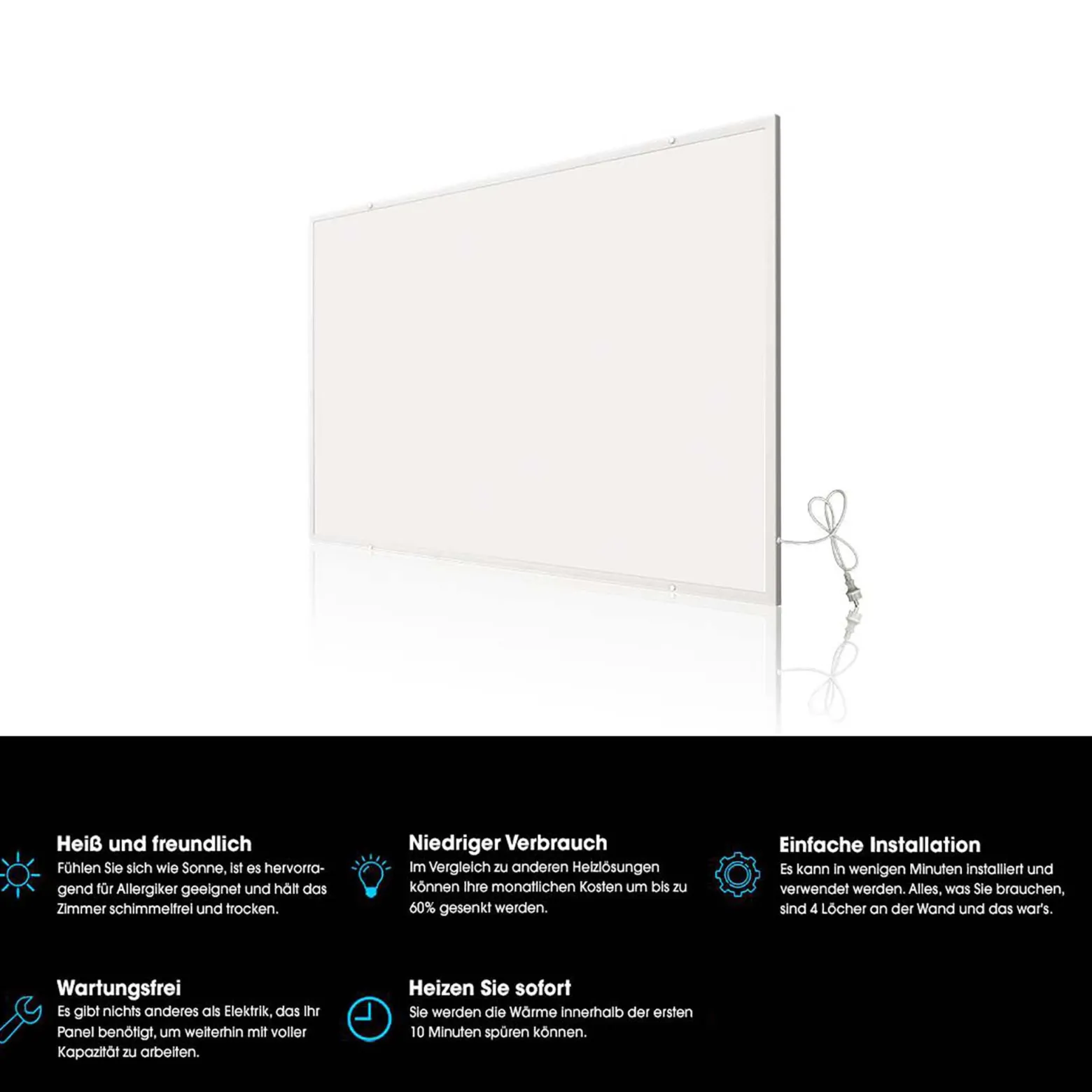 Wiltec Infrarotheizung 850 Watt inkl. WLAN-Thermostat, energieeffizienter Heizkörper mit WLAN Steuerung, Wandmontage Elektroheizung, Heizpaneel IR-Heizung