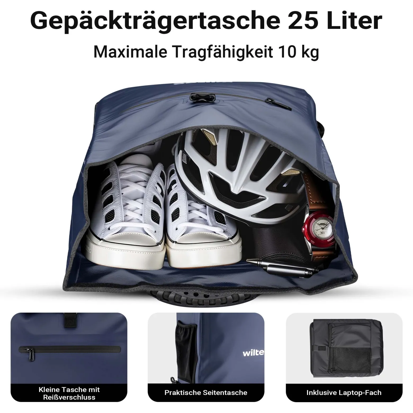 Wiltec 3 in 1 Gepäckträgertasche blau, Fahrradtasche Rucksack 25 l Stauraum, Gepäcktasche mit Laptopfach, wasserresistente Fahrrad Tasche