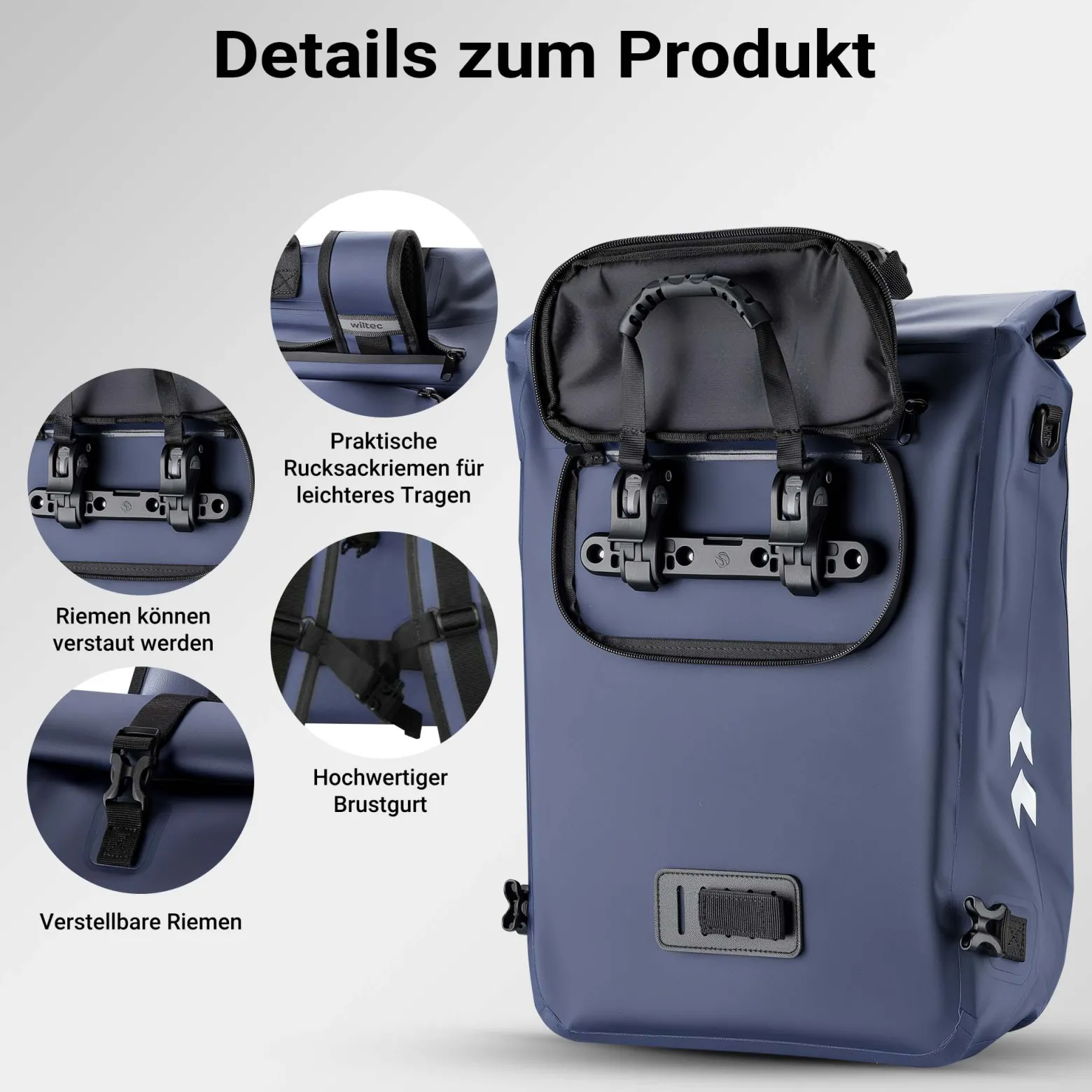 Wiltec 3 in 1 Gepäckträgertasche blau, Fahrradtasche Rucksack 25 l Stauraum, Gepäcktasche mit Laptopfach, wasserresistente Fahrrad Tasche