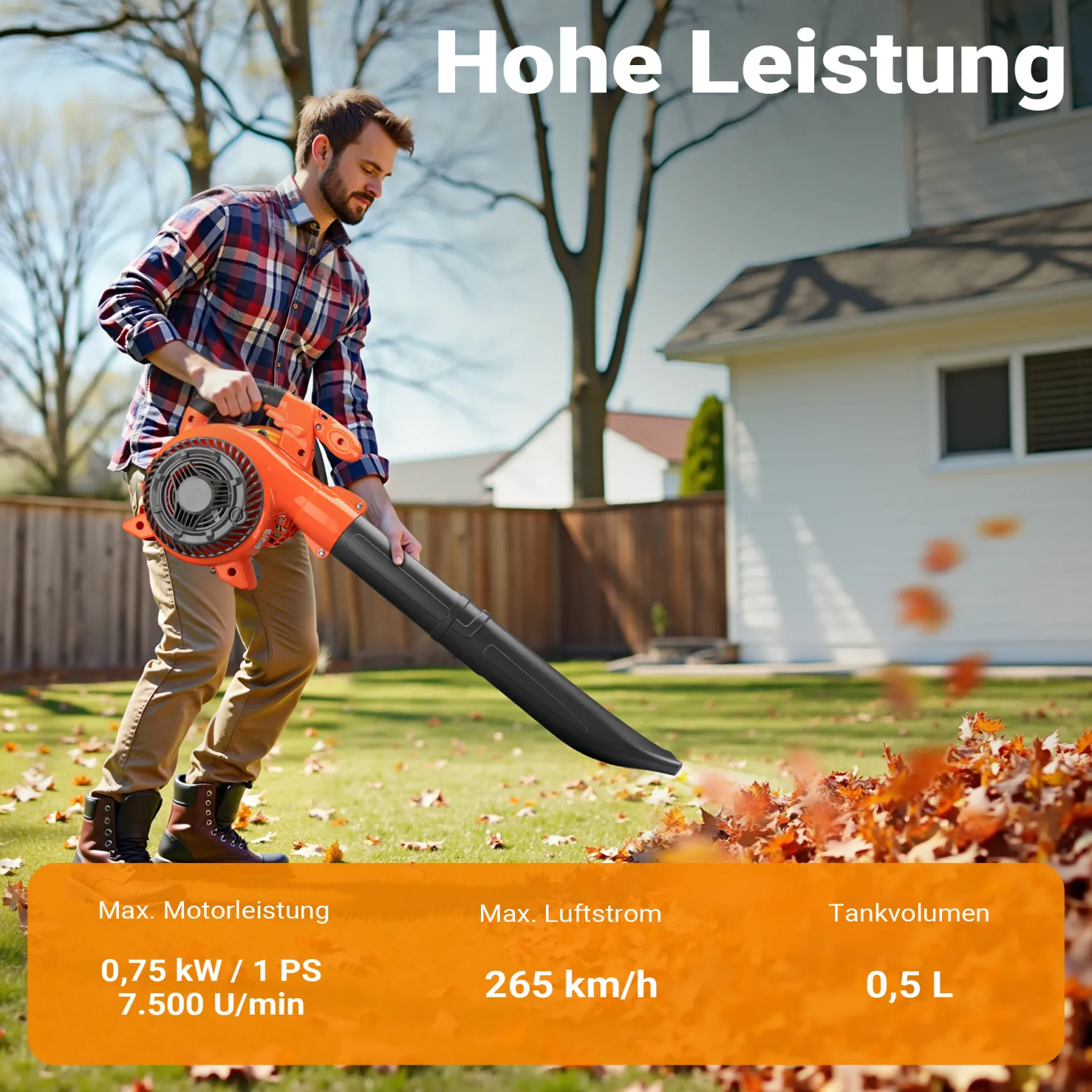 Wiltec 3in1 Laubbläser, Laubsauger u. Laubhäcksler, Laubgebläse 1 PS mit 26ccm, beninbetriebener Laubstaubsauger, Gartenhäcksler mit 50 l Fangsack