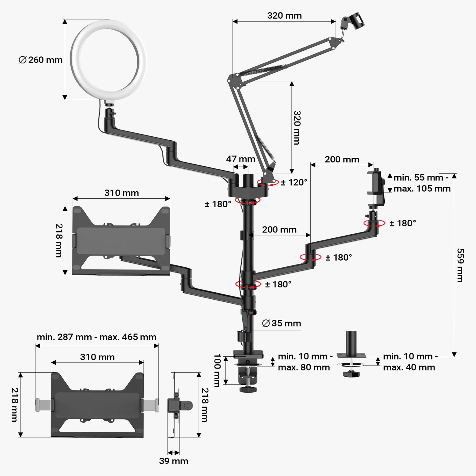 Wiltec 4 in 1 Tischstativ, Multifunktionales Kamera Stativ mit Tischklemme, Ringlicht mit Stativ 3 Farbmodi, Mobile Halterung für Streaming Setup