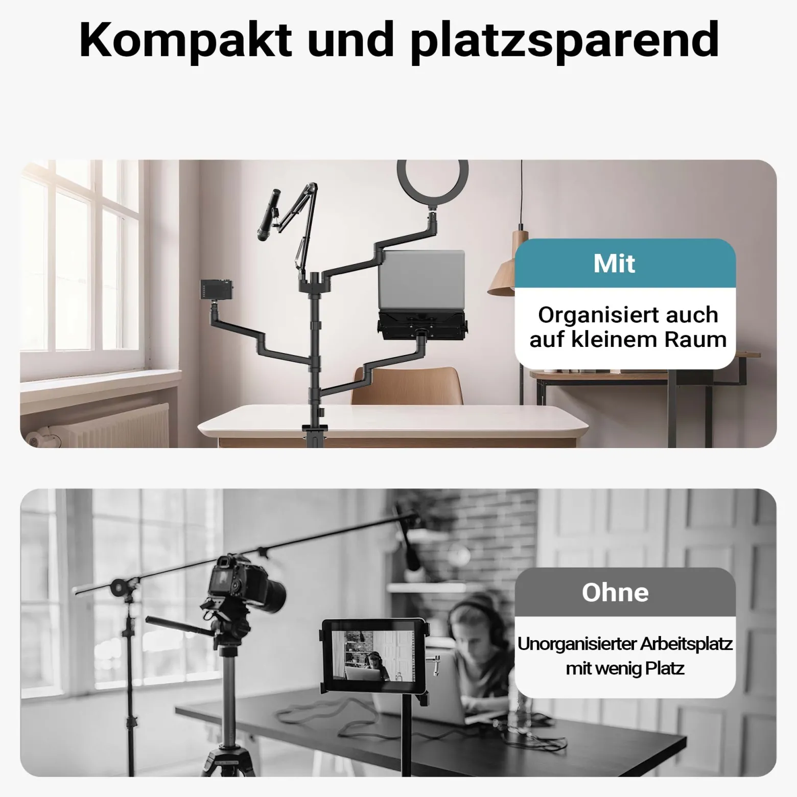 Wiltec 4 in 1 Tischstativ, Multifunktionales Kamera Stativ mit Tischklemme, Ringlicht mit Stativ 3 Farbmodi, Mobile Halterung für Streaming Setup