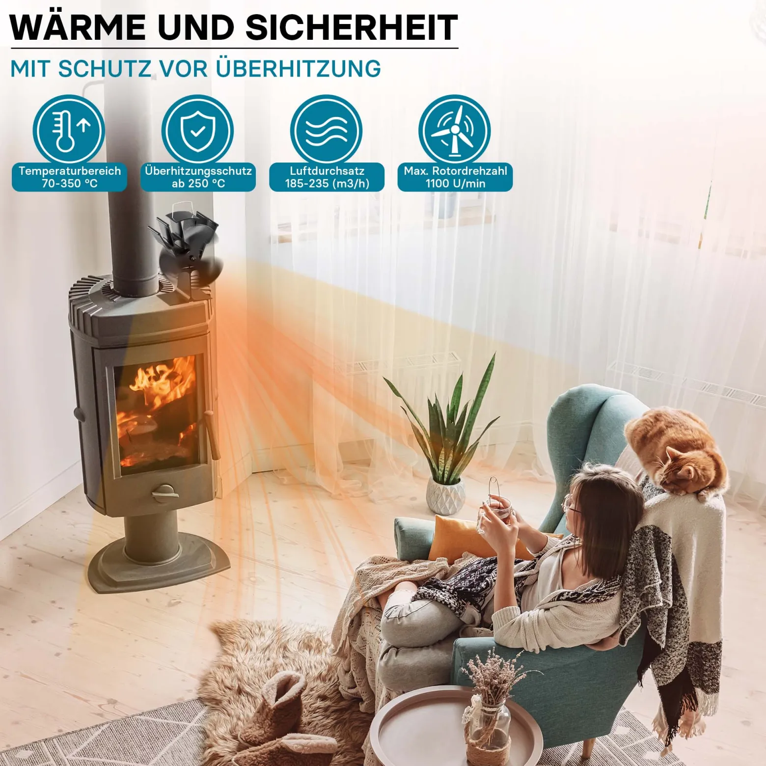 Wiltec Kaminofenventilator mit 3 Flügeln 70 bis 350°C, Ofenventilator ohne Strom, Kaminventilator für eine effiziente und umweltfreundliche Wärmeverteilung