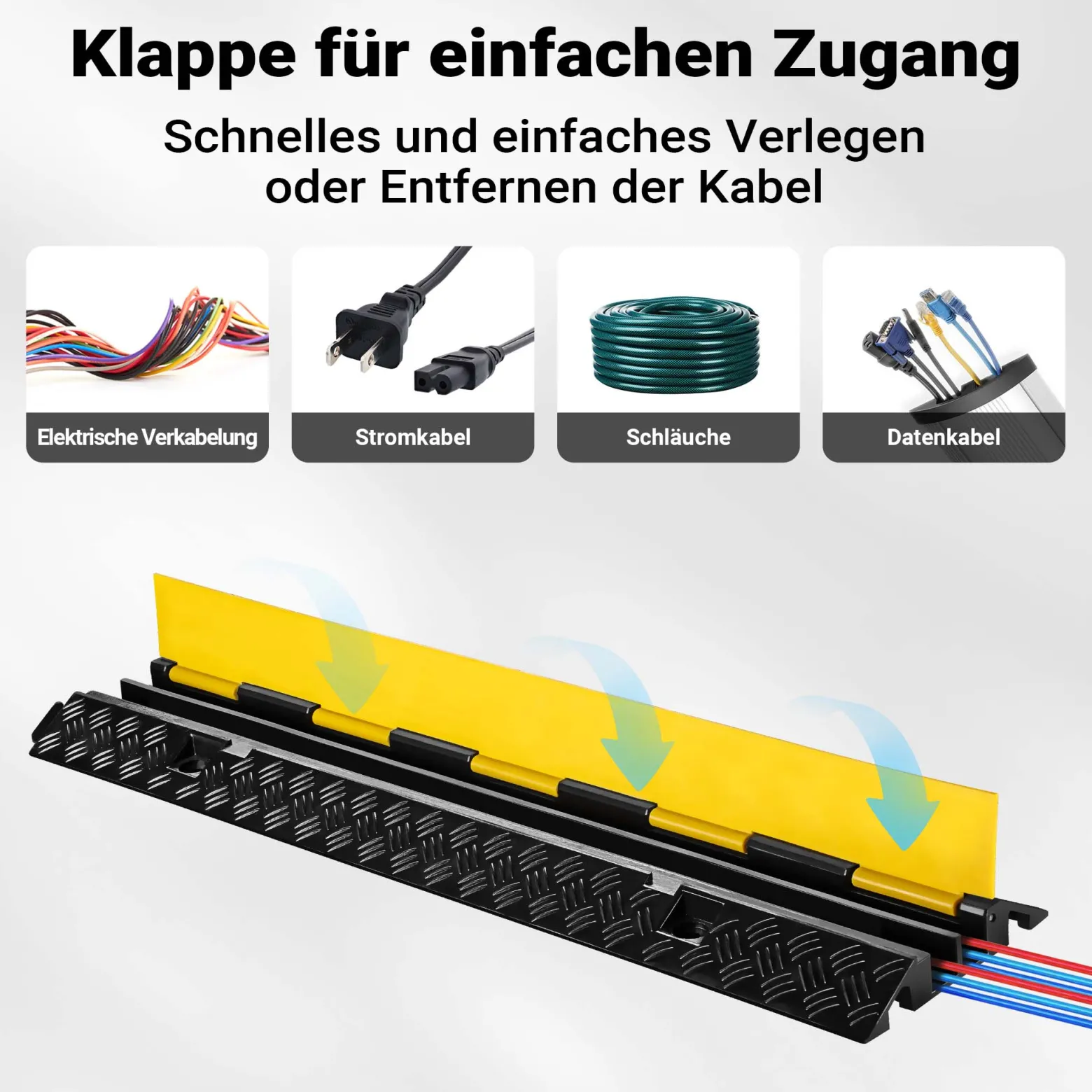 Wiltec Kanal Kabelbrücke 98 x 24 x 4,5 cm, Kabelkanal 13 t Tragkraft, Überfahrschutz bis 30 km/h, Kabel Trittschutz für Außenbereich mit 2 Kanälen, Schlauchbrücke aus PP und Gummi