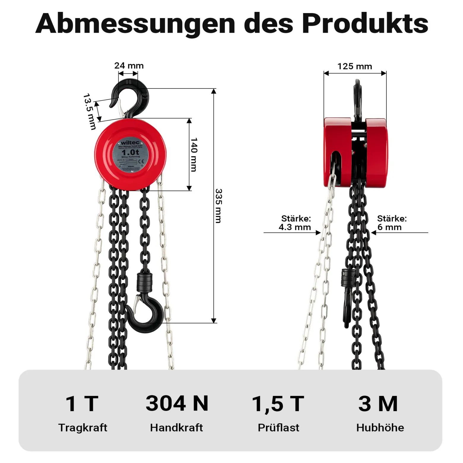 Wiltec Kettenzug mit 1000kg Traglast und 3 m Kettenlänge, einfaches Lastenheben, Flaschenzug, Seilzug, Handkran, Handseilwinde u.a. für Forst und Werkstatt