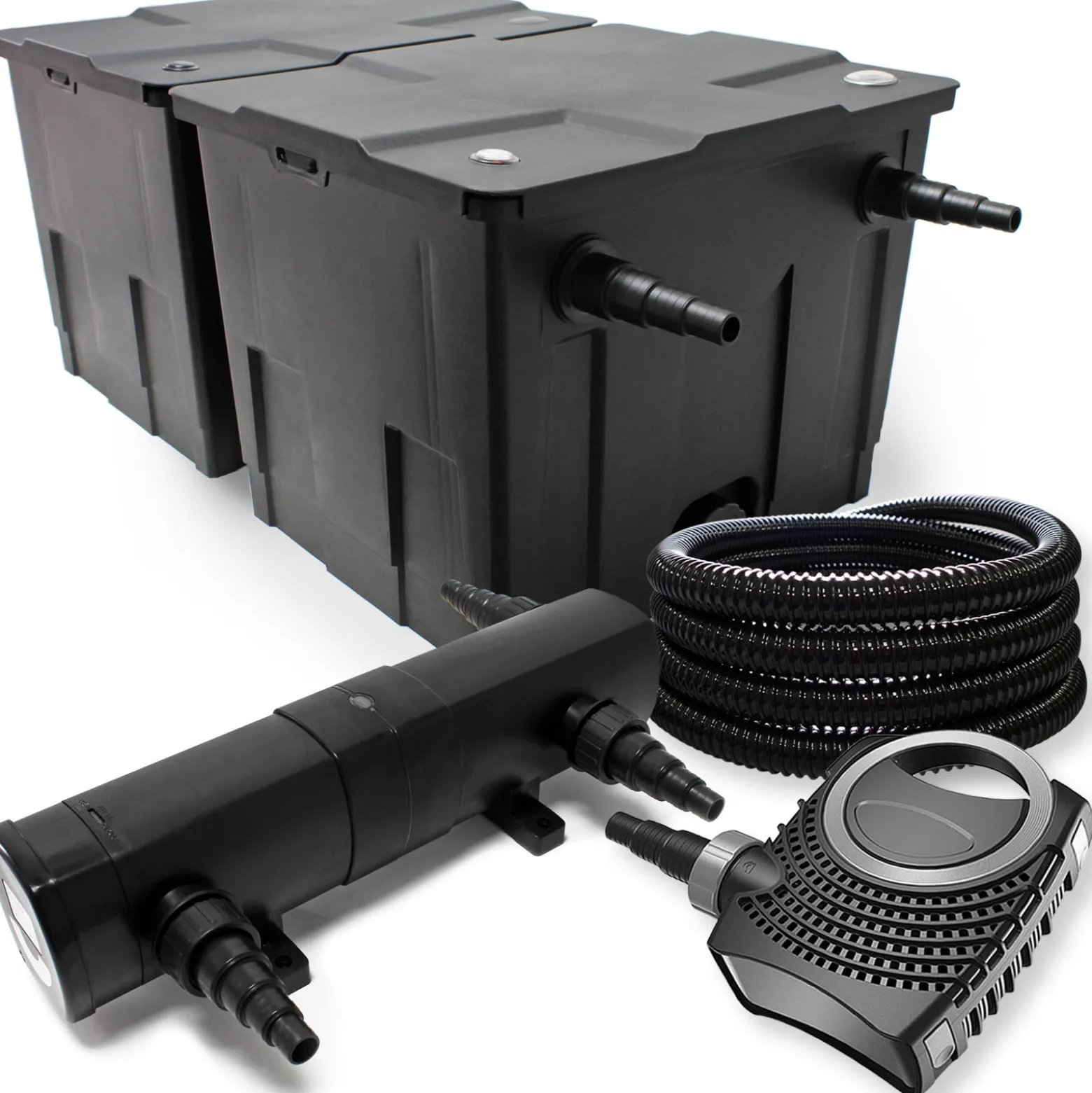 Wiltec Komplettset: CBF-350B Teichfilter bis 60000 L Teichfilteranlage als Durchlauffilter, NEO10000 SuperECO Teichpumpe 10000l/h 80W, CUV-224 Teichklärer UVC Klärer mit 24W, 25m Teichschlauch 25 mm