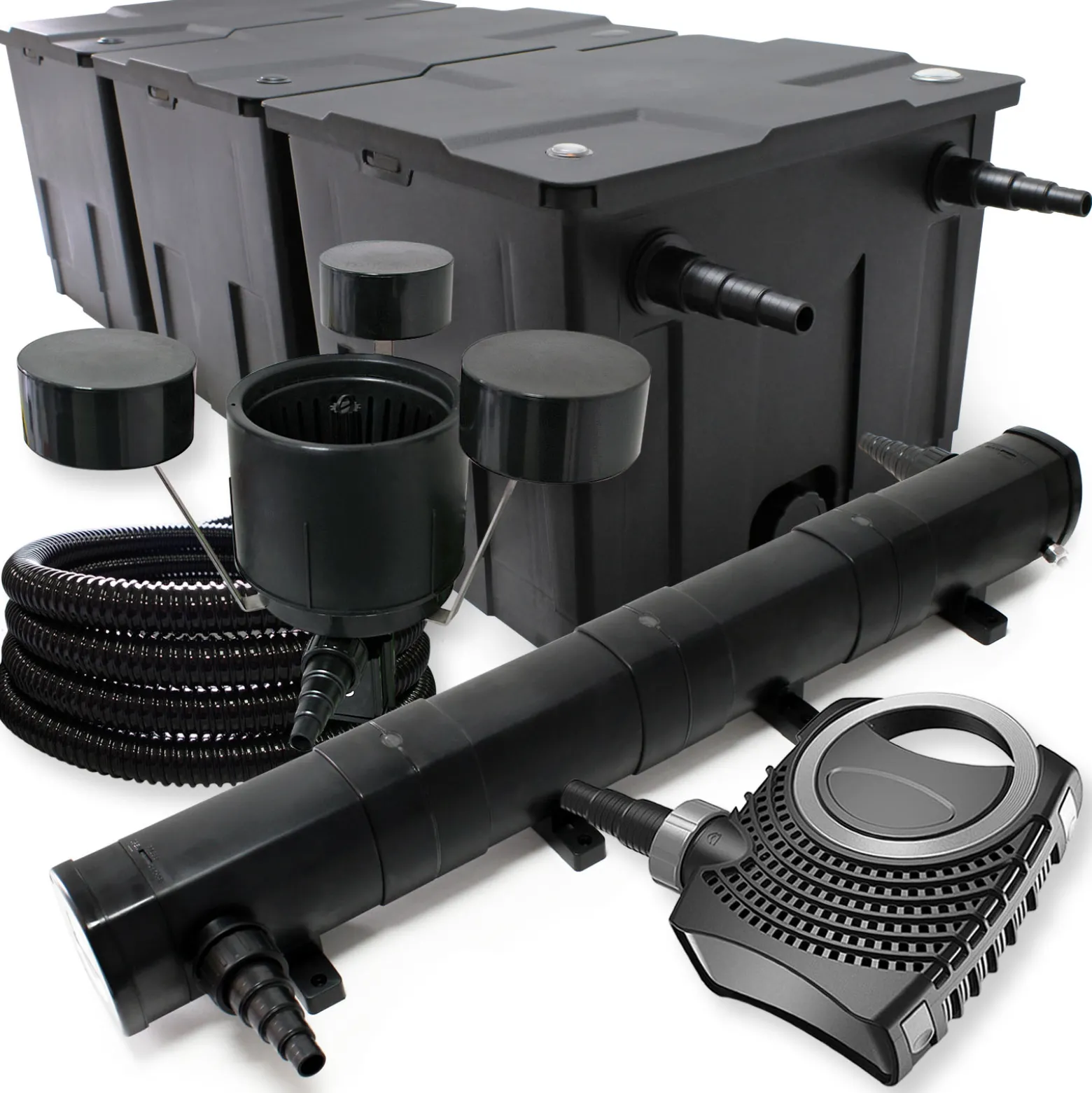 Wiltec Komplettset: CBF-350C Teichfilter bis 90000 L Teichfilteranlage Durchlauffilter, NEO10000 Teichpumpe 10000l/h 80W, CUV-272 Teichklärer 72W, 25m Teichschlauch 25 mm, CSP-250 Skimmer 2500l/h 45W