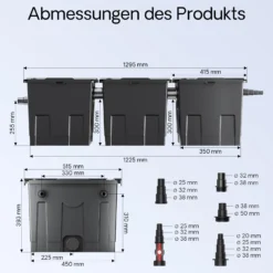 Wiltec Komplettset: CBF-350C Teichfilter bis 90000 L Teichfilteranlage Durchlauffilter, NEO12000 Teichpumpe 12000l/h 100W, CUV-272 Teichklärer 72W, 10m Teichschlauch 38 mm, Schlauchschellen W1 44-47mm